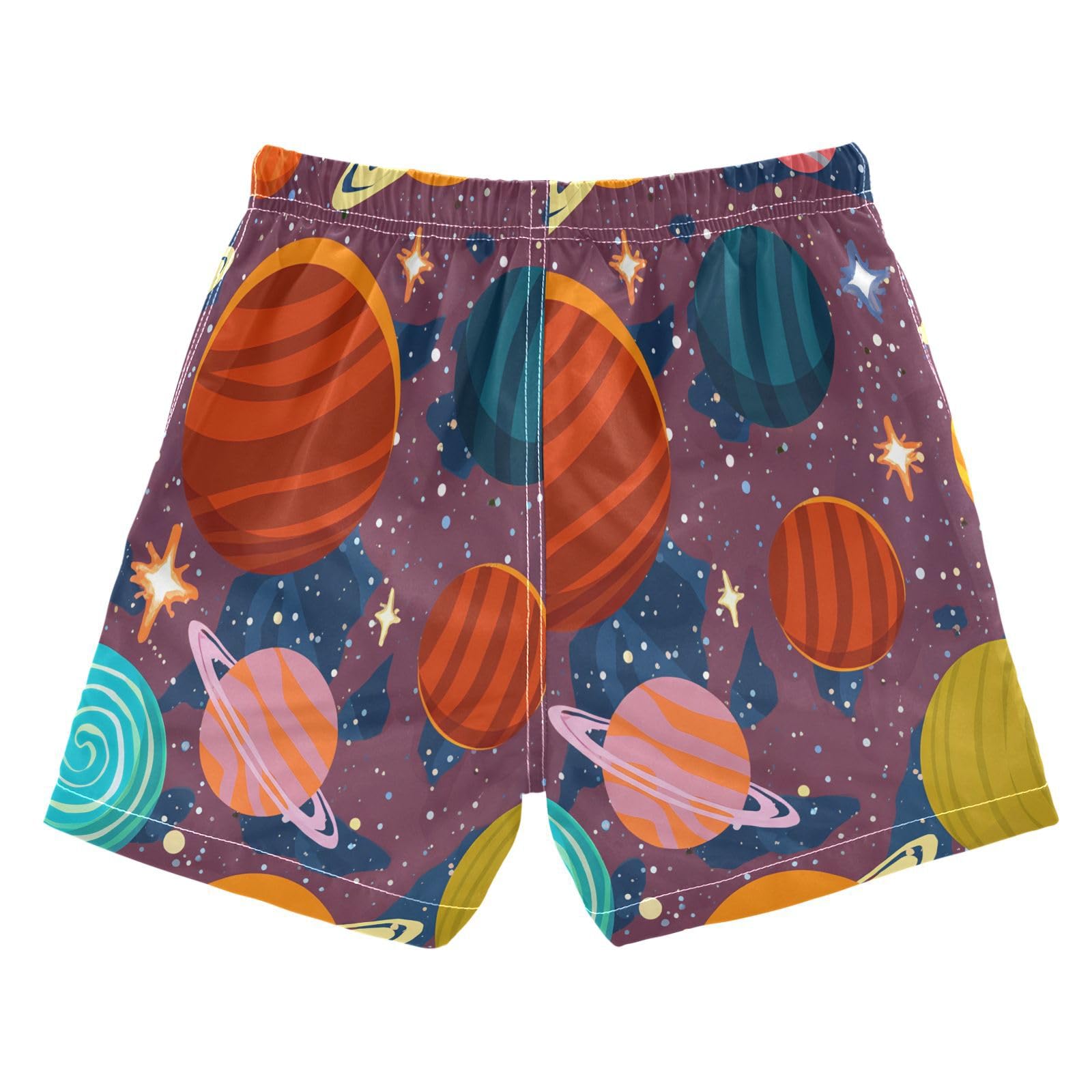 DOMIKING Cartoon Planet Colorful Boys' Pull On Swim Trunks Quick Dry Boardshorts with Mesh Lining for Pool Gym Beach M