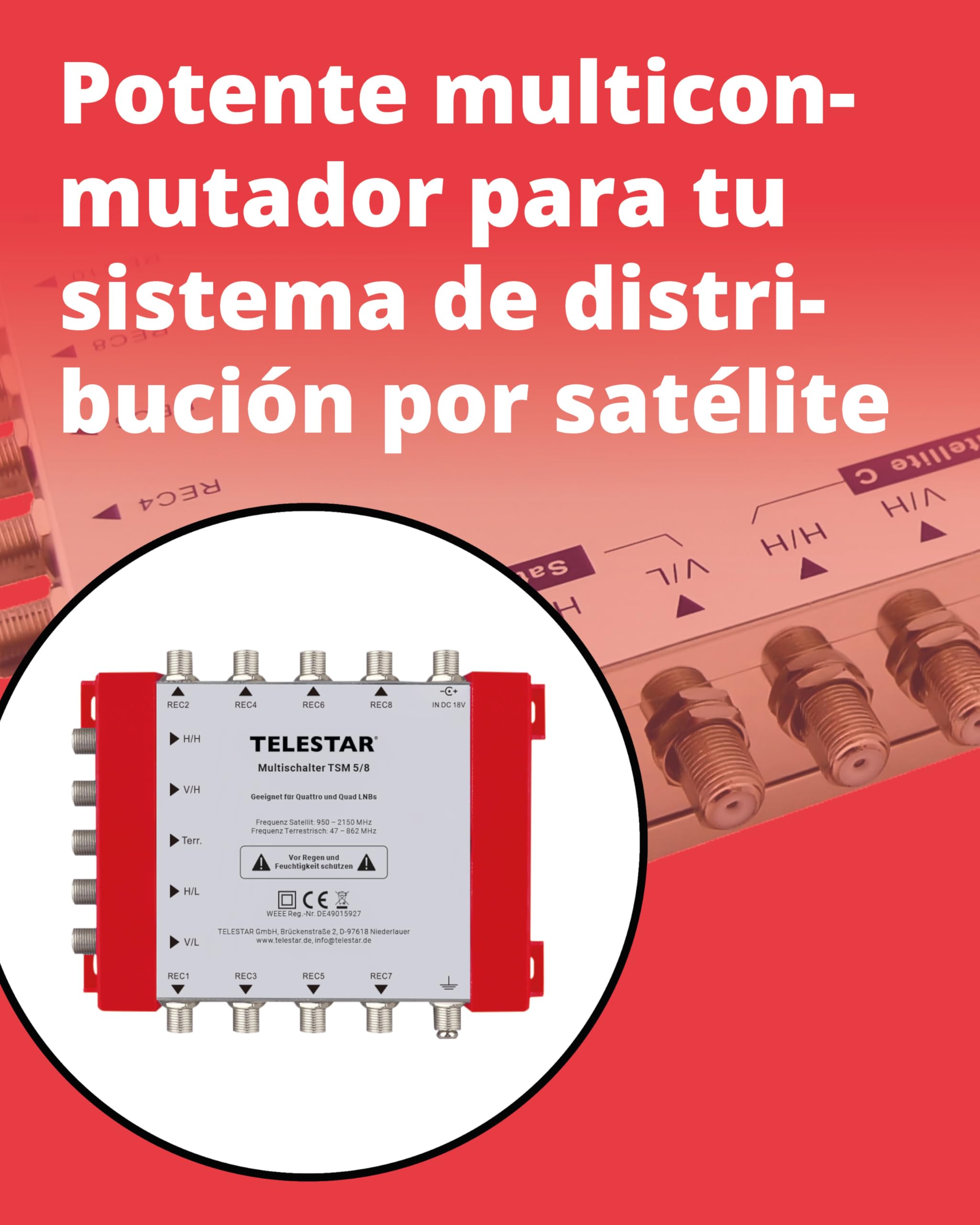 TELESTAR TSM 5/8 – Multiconmutador, 1 satélite, 8 usuarios | Compatible con LNB Quad y Quattro
