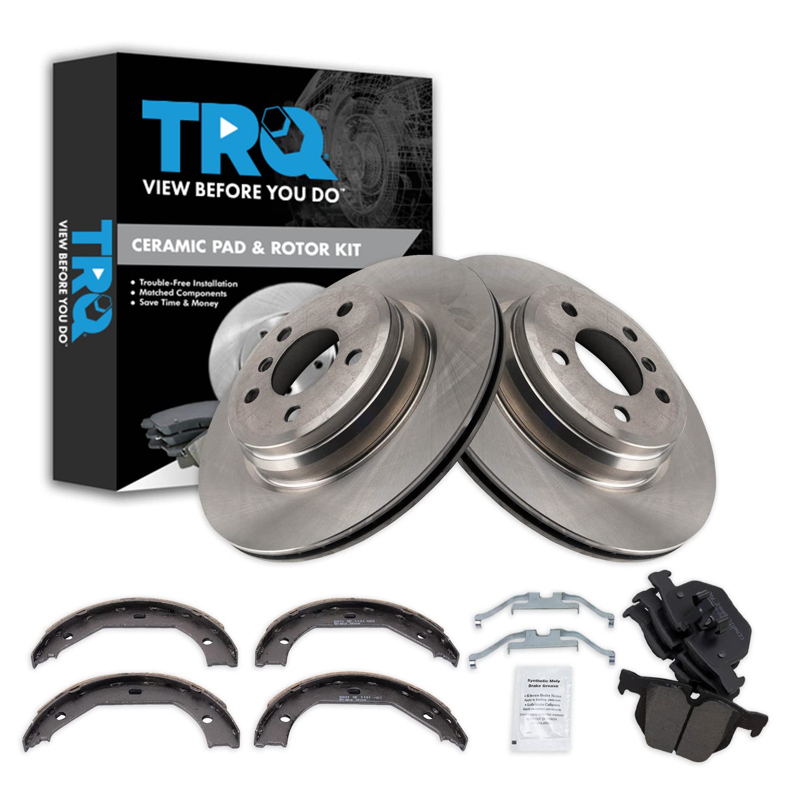 TRQ Rear Brake Pad and Rotor Set Ceramic Parking Brake Shoe Compatible with 2012-2013 BMW 335i 2013 335i xDrive