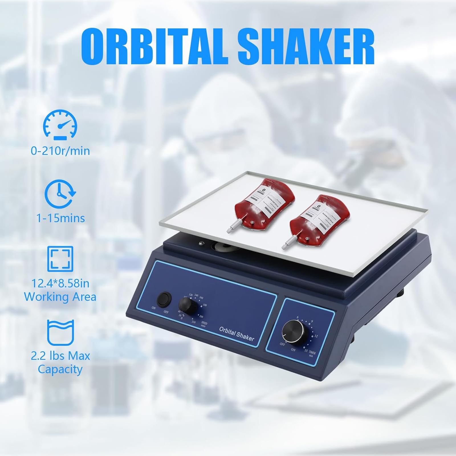 Agitador orbital ajustable, 20-210 r/min, rotador horizontal, placa de 12.4 x 8.6 pulgadas, temporizador y modos continuos para experimentos de laboratorio