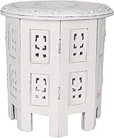 BeddingCraft Hand Carved Mango Wood Round End Table, 12x12 Inch White Antique Finish - Vintage Accent for Living Room, Bedroom