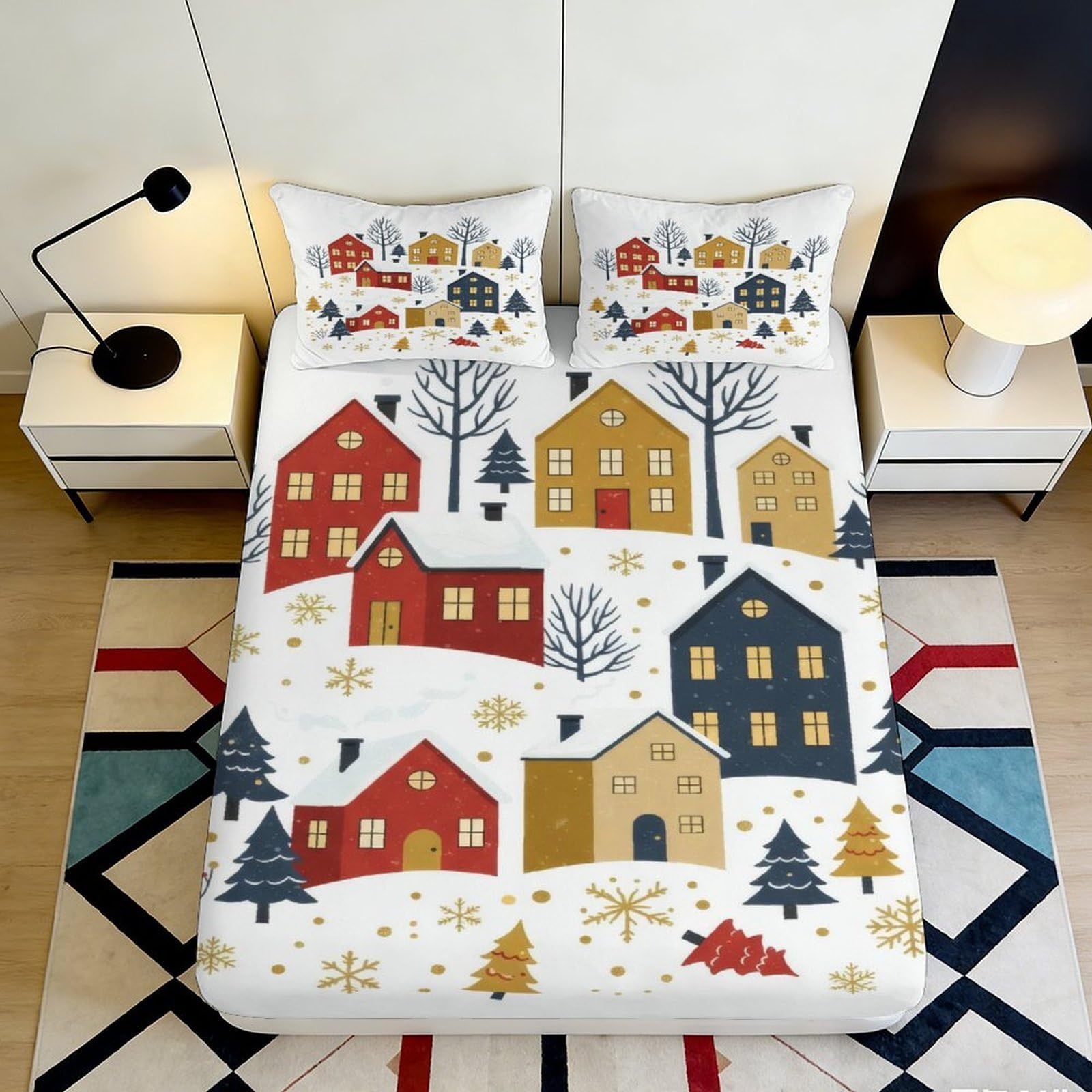 3D Printed Winter Cottage Fitted Sheet Microfiber Elastic Hem Deep Pocket Snow Scene Mattress Fitted Cover Non-Slip Washable 140x200x25cm