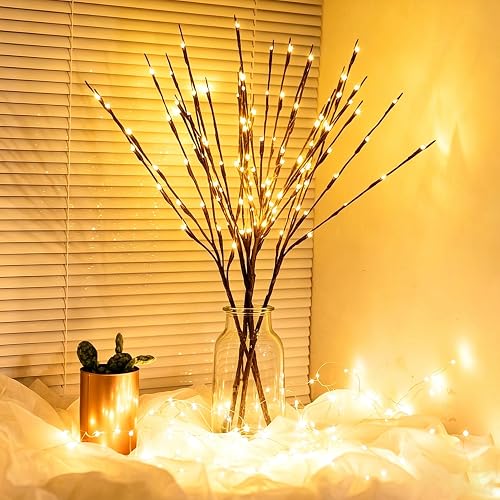 3 Pack Lighted Branches for Vase, Artificial Brown Twig Lights, 29IN 60 LED Warm White USB Plug in Tree Branch Lights for Home Wedding Bedroom Decor