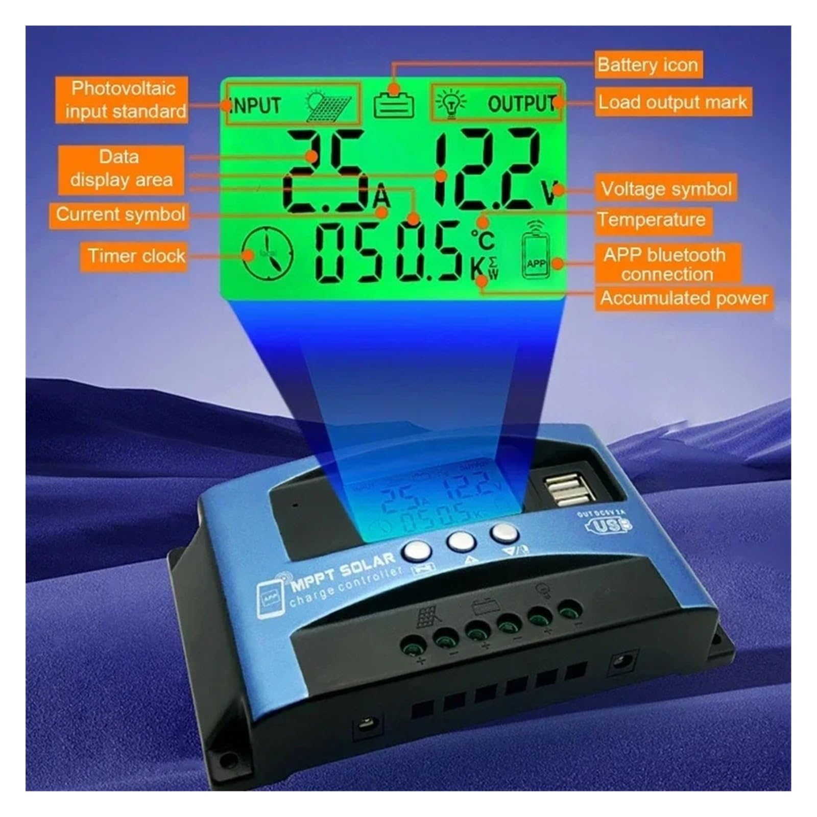 Kontroler ładowania słonecznego, MPPT Regulator Ładowania Słonecznego 30A-100A Bluetooth I WIFI Podwójny Wyświetlacz LCD USB 12V 24V Panel Ogniw Słonecznych Ładowarki Z Obciążeniem(12V24V BT,30A)