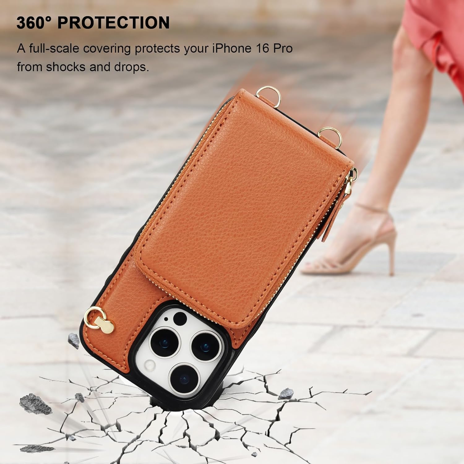 KIHUWEY Crossbody Wallet Case for iPhone 16 Pro, Zipper Pocket Case with Card Holder, PU Leather RFID Blocking Protective Cover Case with Kickstand Detachable Wrist Strap Lanyard 6.3" (Brown)