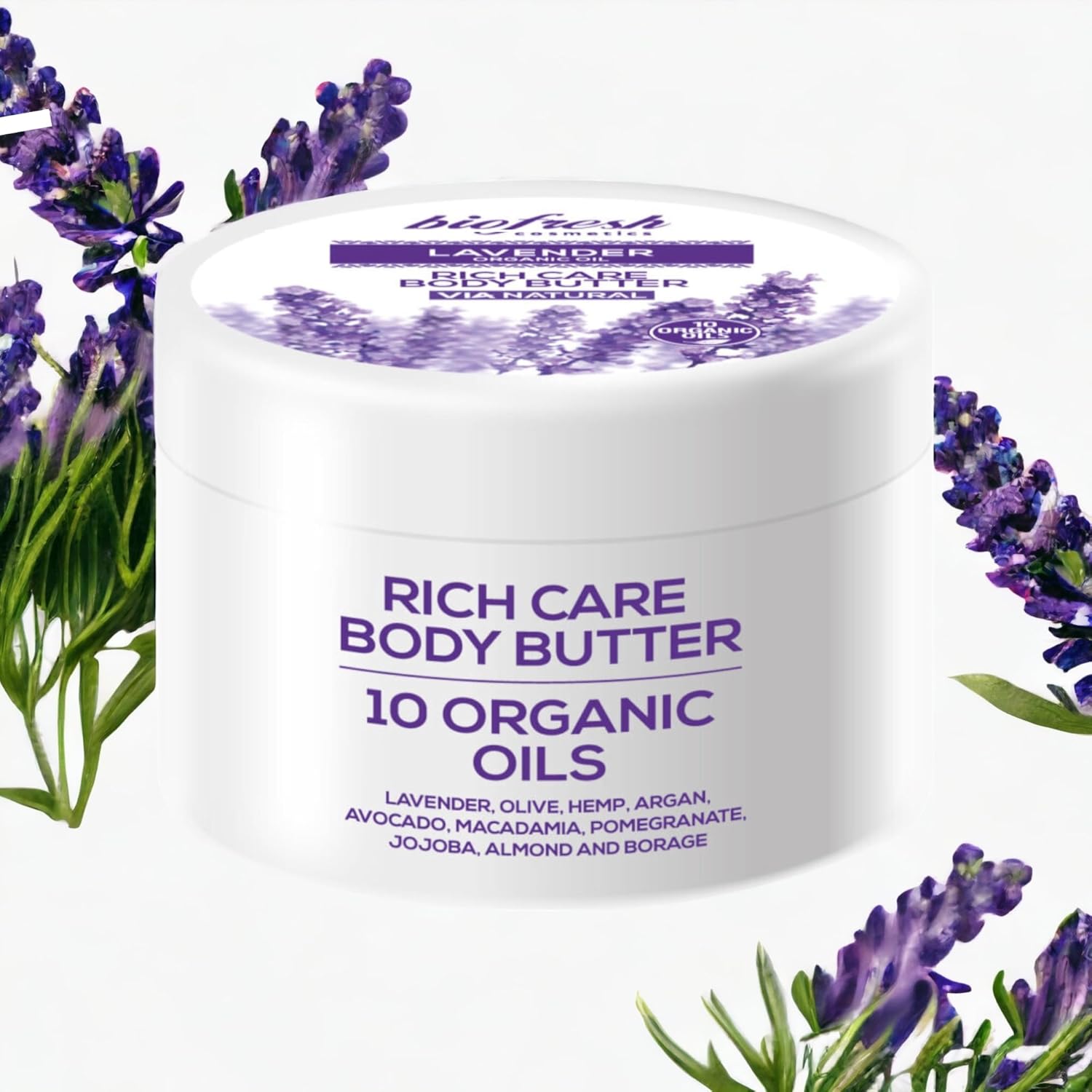 Biofresh cosmetics Via Natural Lavendel lichaamscrème, 10 biologische oliën, bodyboter & bodylotion met lavendelolie, olijfolie, jojoba-olie, amandelolie, arganolie, avocado, vochtinbrengende crème,