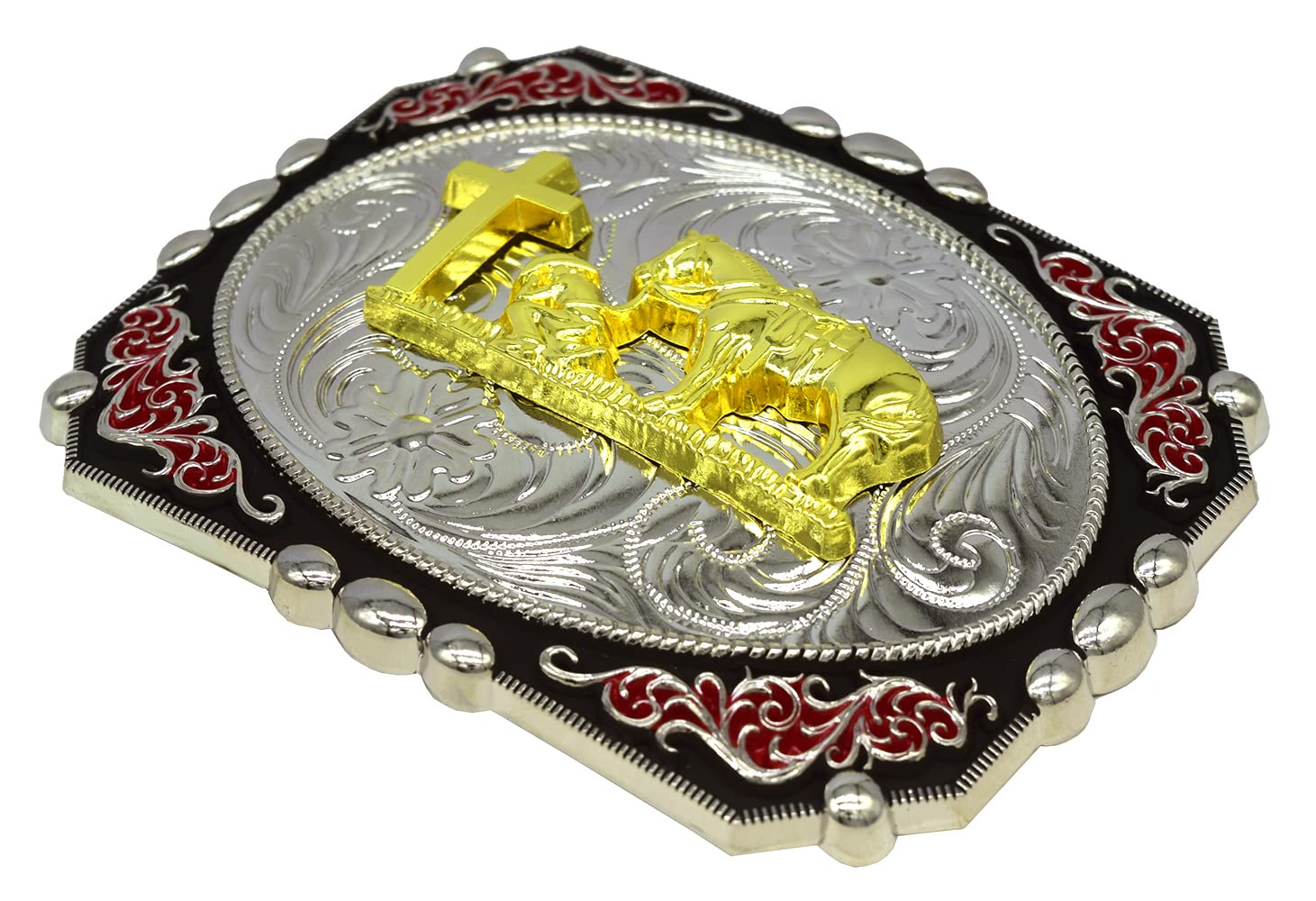 Moranse Religión Cross Cowboy De Rodillas Oración Y Caballo Diseño Hebillas De Cinturón, Flor de vaquero rezando, Medium
