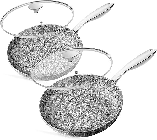 MICHELANGELO Sartén de 10 pulgadas + 12 pulgadas con tapa, sartén antiadherente con revestimiento no tóxico derivado de piedra, compatible con