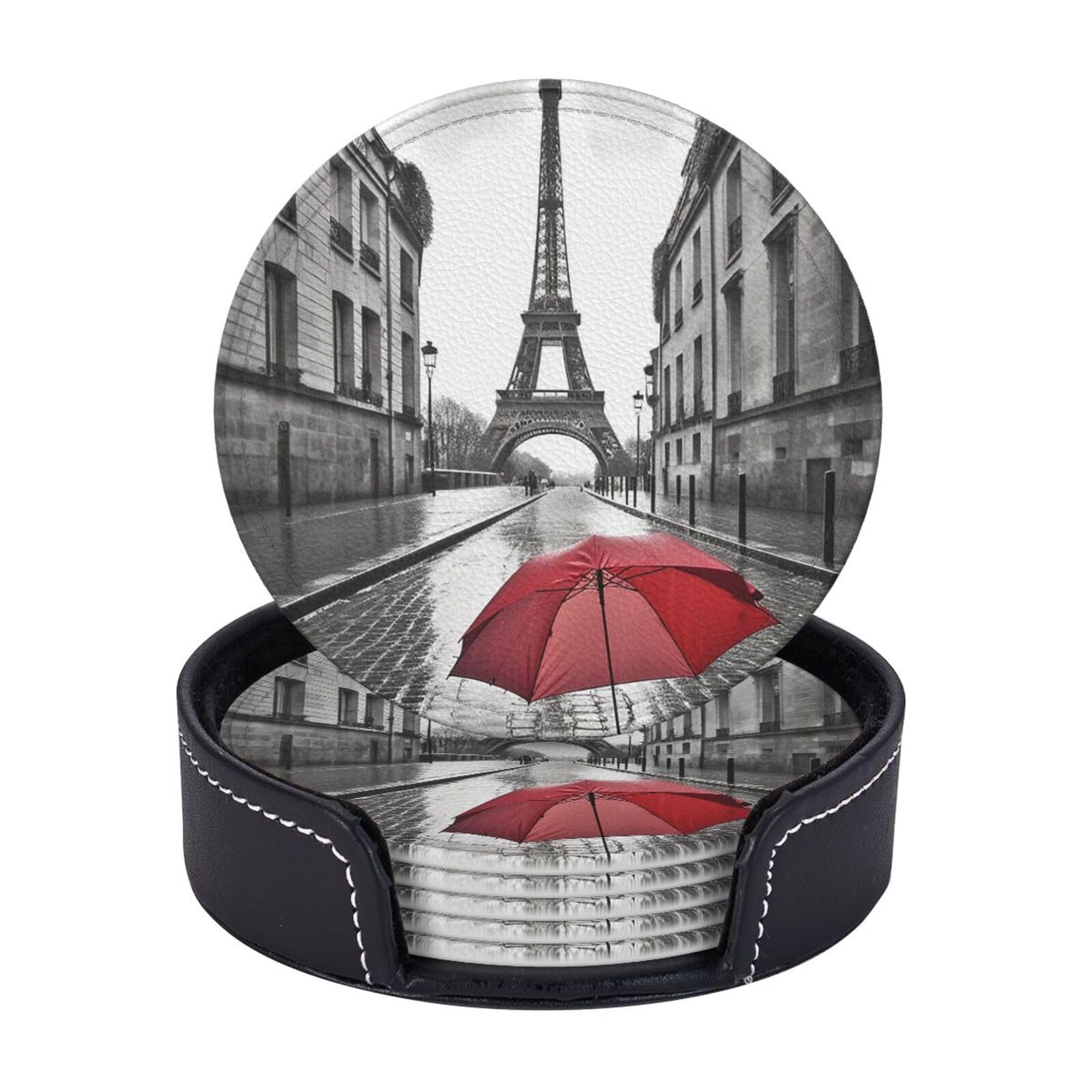 Round Coasters for Drinks Set of 6 - PU Leather Coasters with Holder - Modern Drink Coasters for Coffee Table - Eiffel Tower Paris Street Red Umbrella Coaster for Tabletop Protection 4" Cup Mat Pad