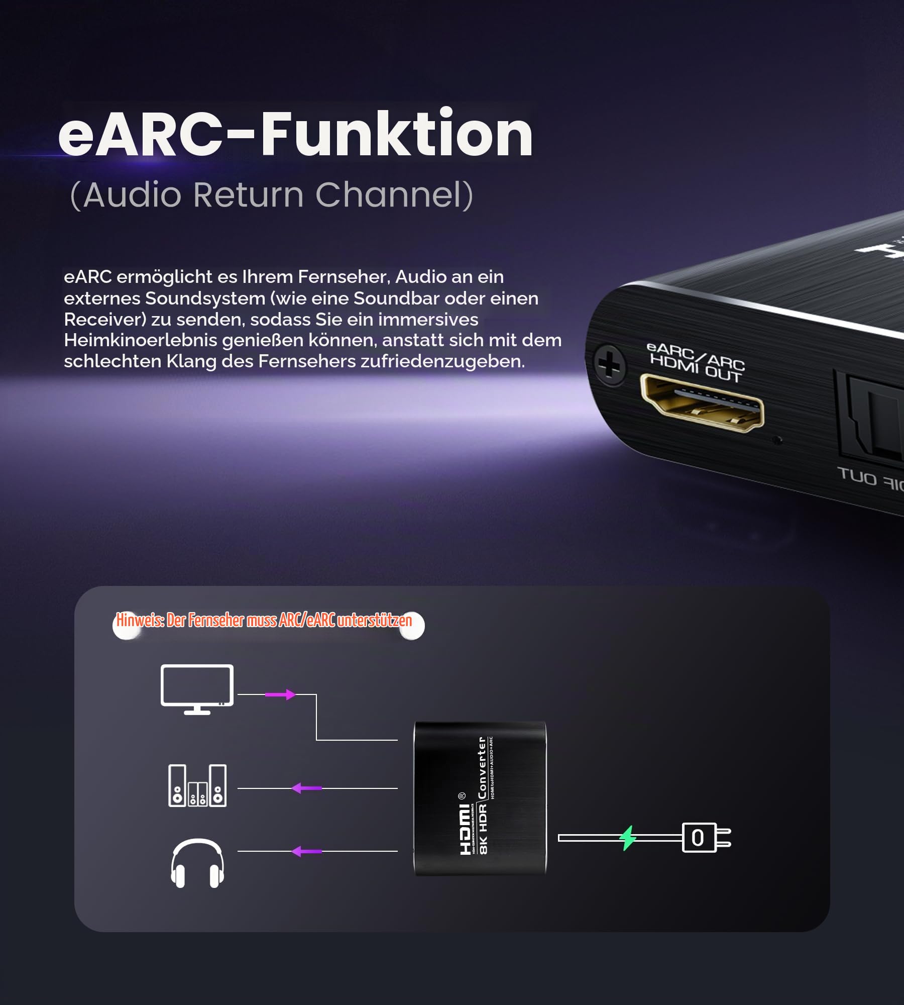 avedio links HDMI Audio Extractor, 8K@60Hz hdmi zu Optical Toslink SPDIF + 3,5mm AUX Stereo, HDMI ARC/eARC audio Converter Adapter Splitter Unterstützung HDCP2.3 Digital PCM DTS 5.1
