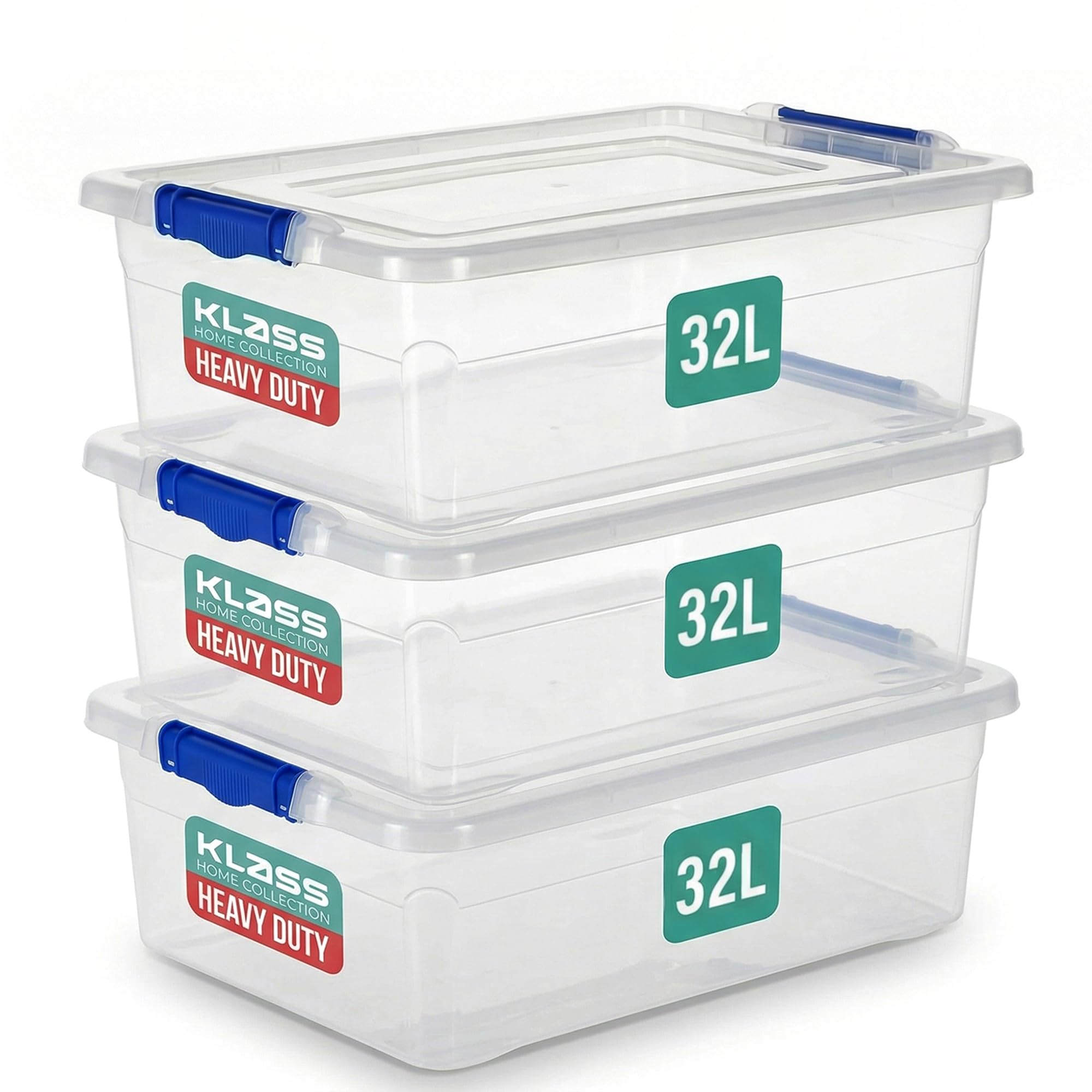 Klass Home Collection 3 x 32 Litre Storage Boxes with Lids Set of 3, Clip-Lock Lid, Sturdy 32L Clear Stackable Plastic Storage Box With Lid Containers For Home, Kitchen, Moving, Garage & Office โ image 1