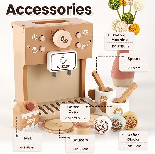 Miniatura 6 de BUYGER Cafetera de juguete para niños, juego de café de madera, juego de juegos de simulación, accesorios de cocina, regalos para niños de 3, 4 y 5
