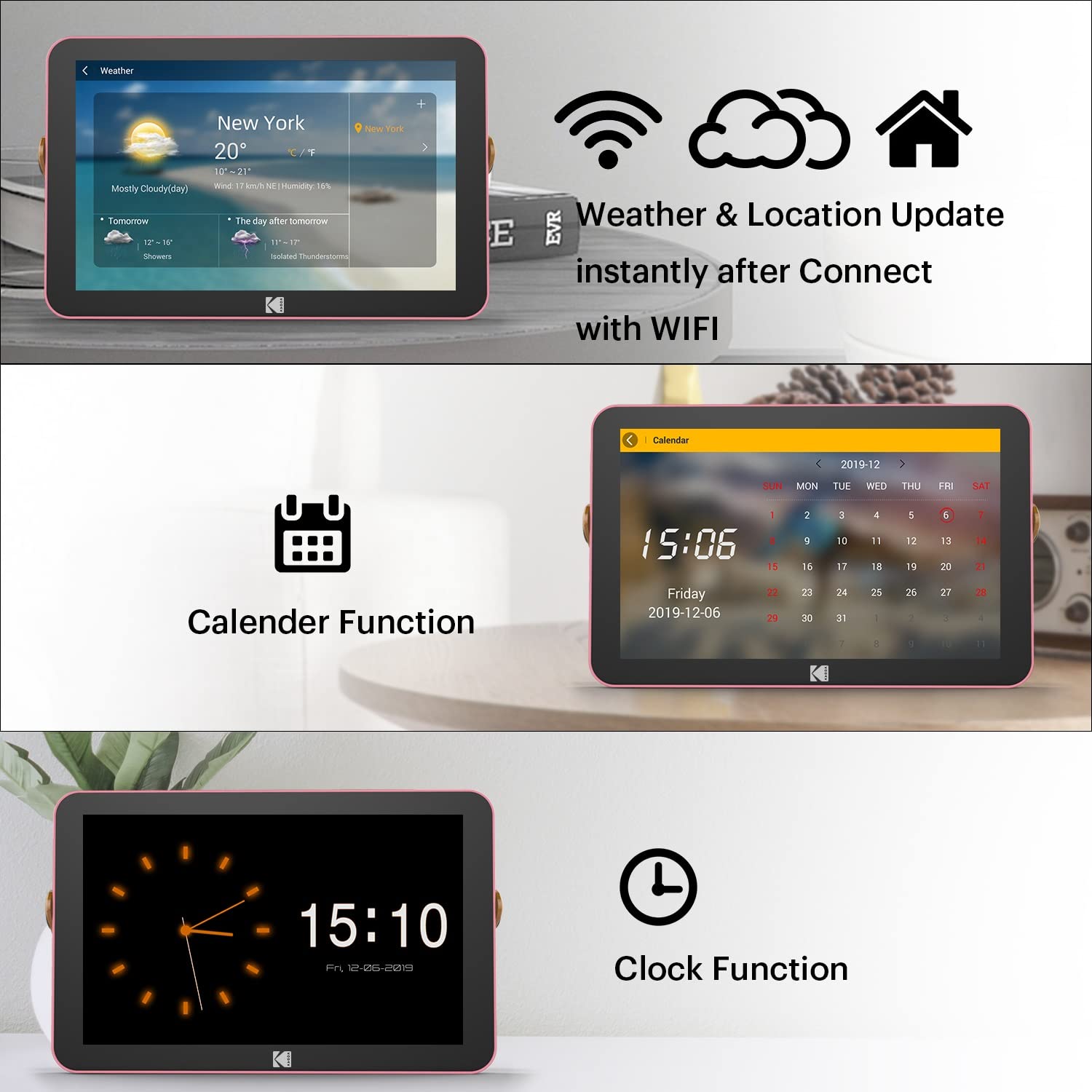 Kodak RWF-108 V 10" - Cornice digitale Wi-Fi con display IPS touch 1280 x 800, archiviazione 32 GB, WiFi 6 Dual-Band, batteria 4000 mAh, controllo app, lettore multimediale - rosa
