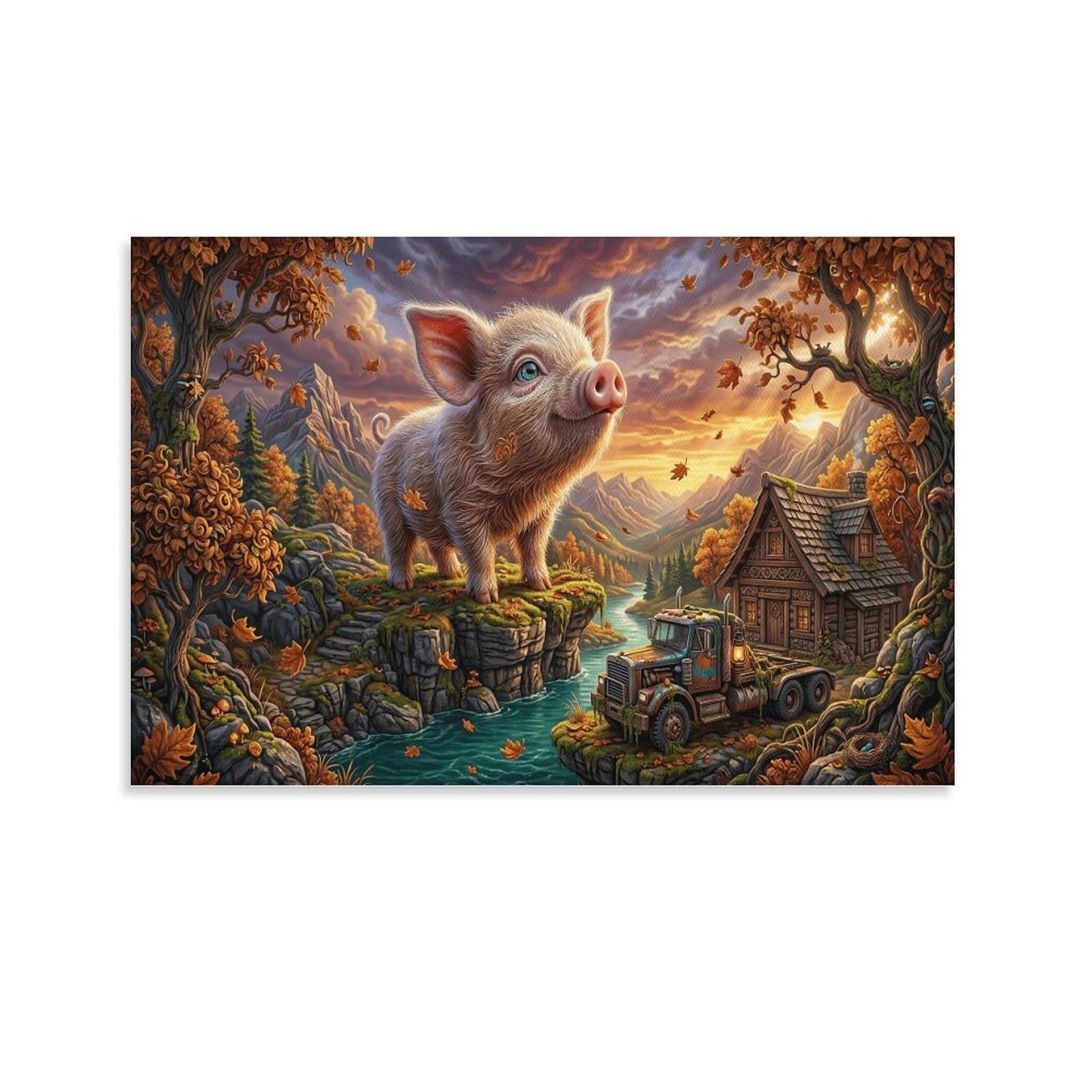 XPASHIQWC Cute Piglet Poster Artwork Autumn River Valley Canvas Prints Picture Modern Wall Art Picture Wall Hanging for Living Room Bedroom Home Decorations 24x36inch(60x90cm)