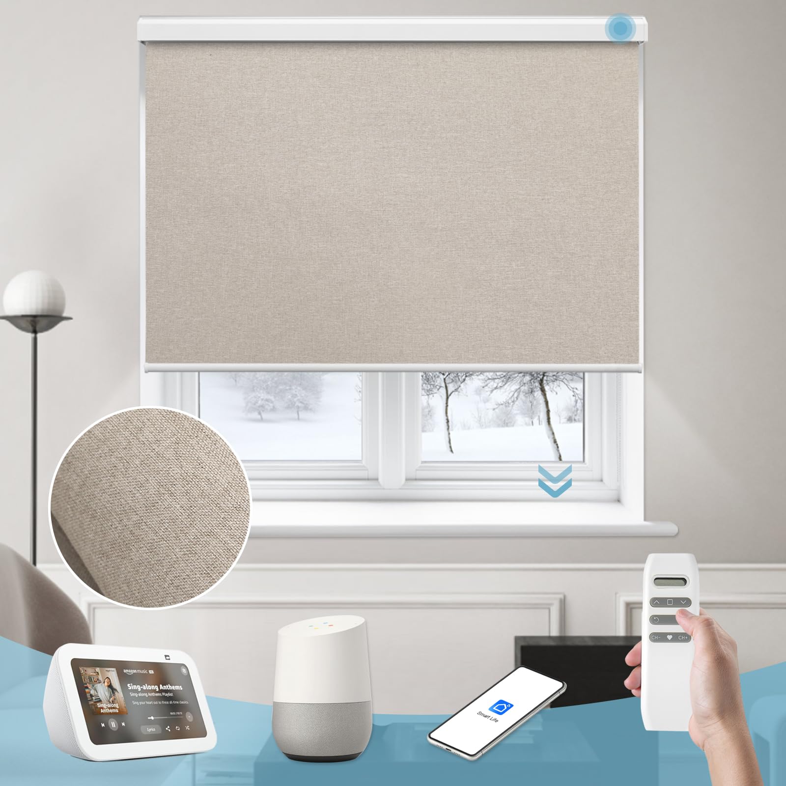 Smart Roller Shade 100% Blackout, Motorized Shade Compatible with Alexa Google, App Control Blind for Window, Cordless Free Stop Blind Customized Size (Fabric Beige)
