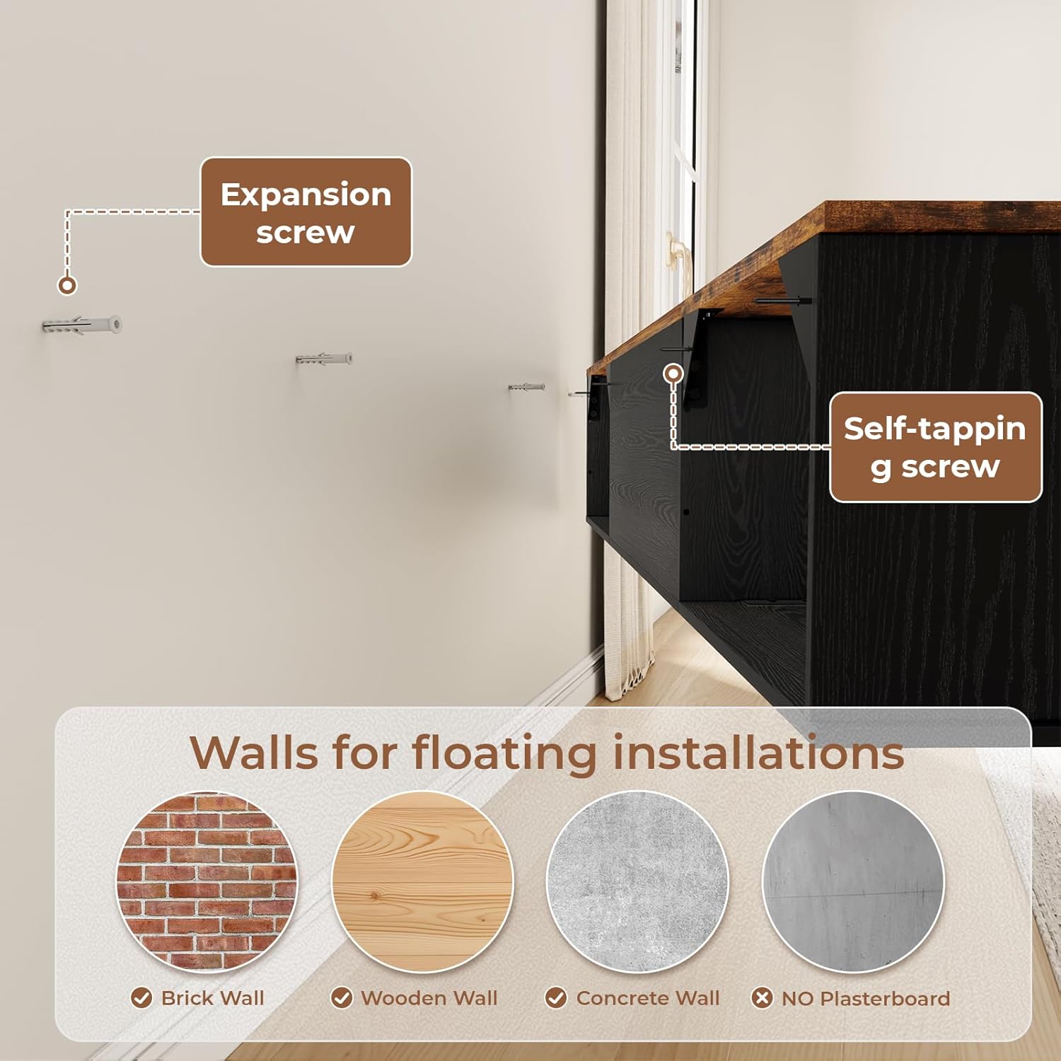 Diagram showing suitable wall types for mounting: brick, wooden, concrete, and not plasterboard
