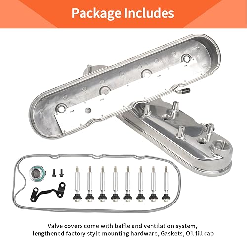 Miniatura 39 de Cubiertas de válvula de aluminio con aletas compatibles con bloque pequeño Chevy 58-86 Tall 327 350 400 - Plata pulida Plateado (sliver)