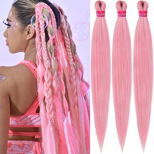 Extensiones de cabello trenzado preestiradas de color rosa con oropel de 26 pulgadas, 3 paquetes de trenzas sintéticas profesionales trenzadas de