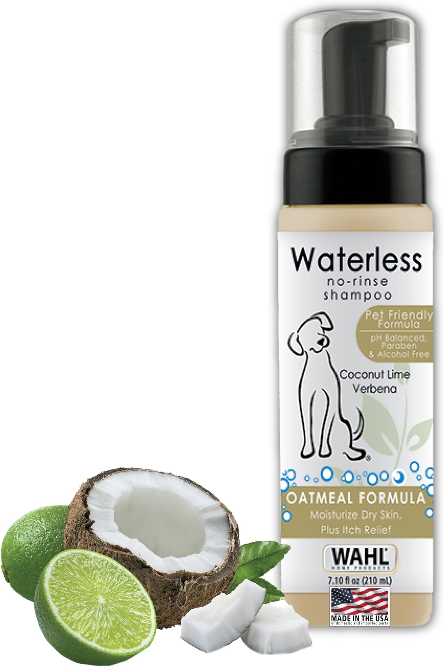 Wahl Pet Friendly Waterless No Rinse Shampoo for Animals – Oatmeal & Coconut Lime Verbena for Cleaning, Conditioning, Detangling, Moisturizing Dogs, Cats, Horses – 7.1 Oz