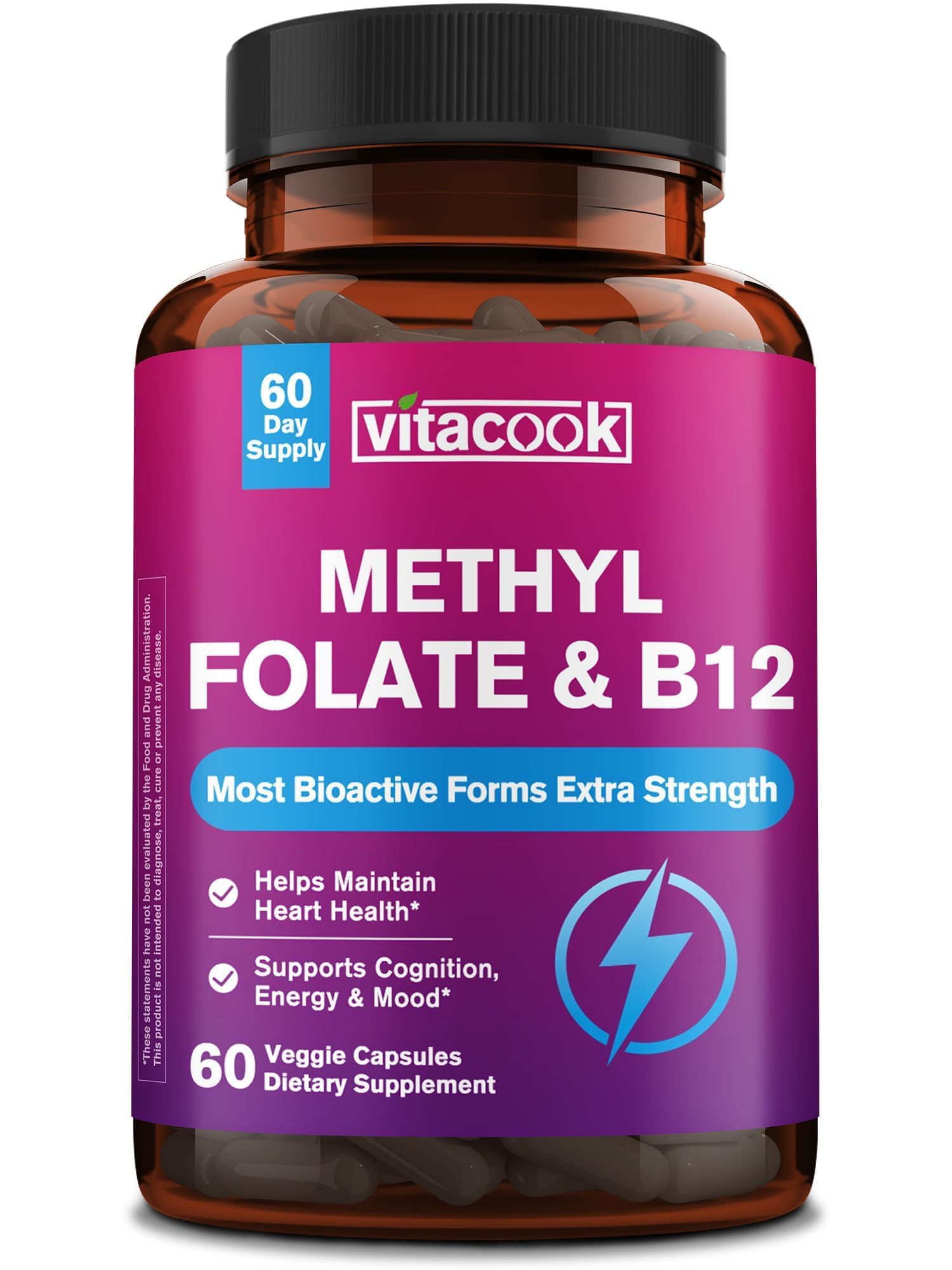 L-Methylfolate Supplement 1000 mcg with Methyl B12 Cofactor, 60ct