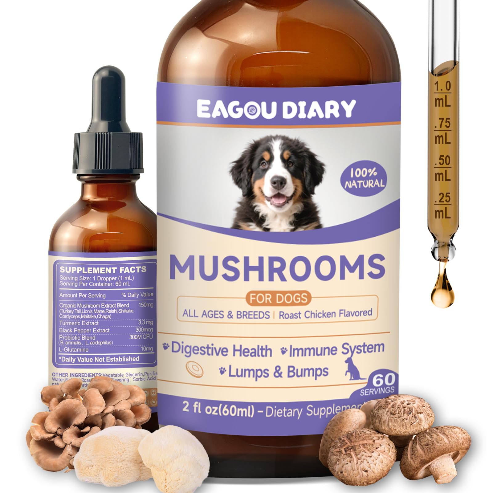 Integratore liquido a base di funghi per cani - Supporta la Salute delle Articolazioni, Aumenta l'Energia, Rafforza l'Immunità, Miscela di Funghi Liquida, 60 ml