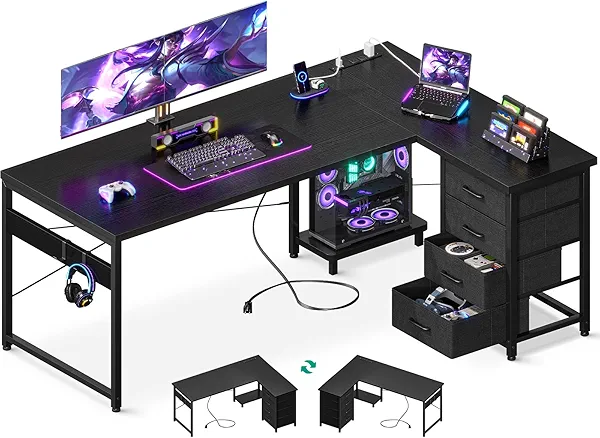 AODK L Shaped Gaming Desk with 4 Drawers, 61" Reversible Home Office Desks with Power Outlets, L Shaped Computer Desk with USB Charging Port and Host Stand, Corner Desk, Easy to Assemble, Black
