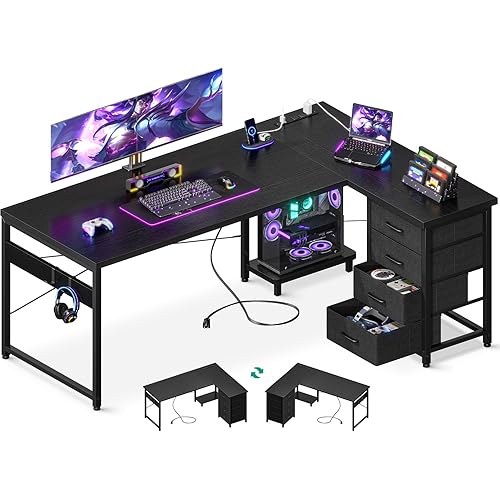 AODK L Shaped Gaming Desk with 4 Drawers, 61" Reversible Home Office Desks with Power Outlets, L Shaped Computer Desk with USB Charging Port and Host Stand, Corner Desk, Easy to Assemble, Black
