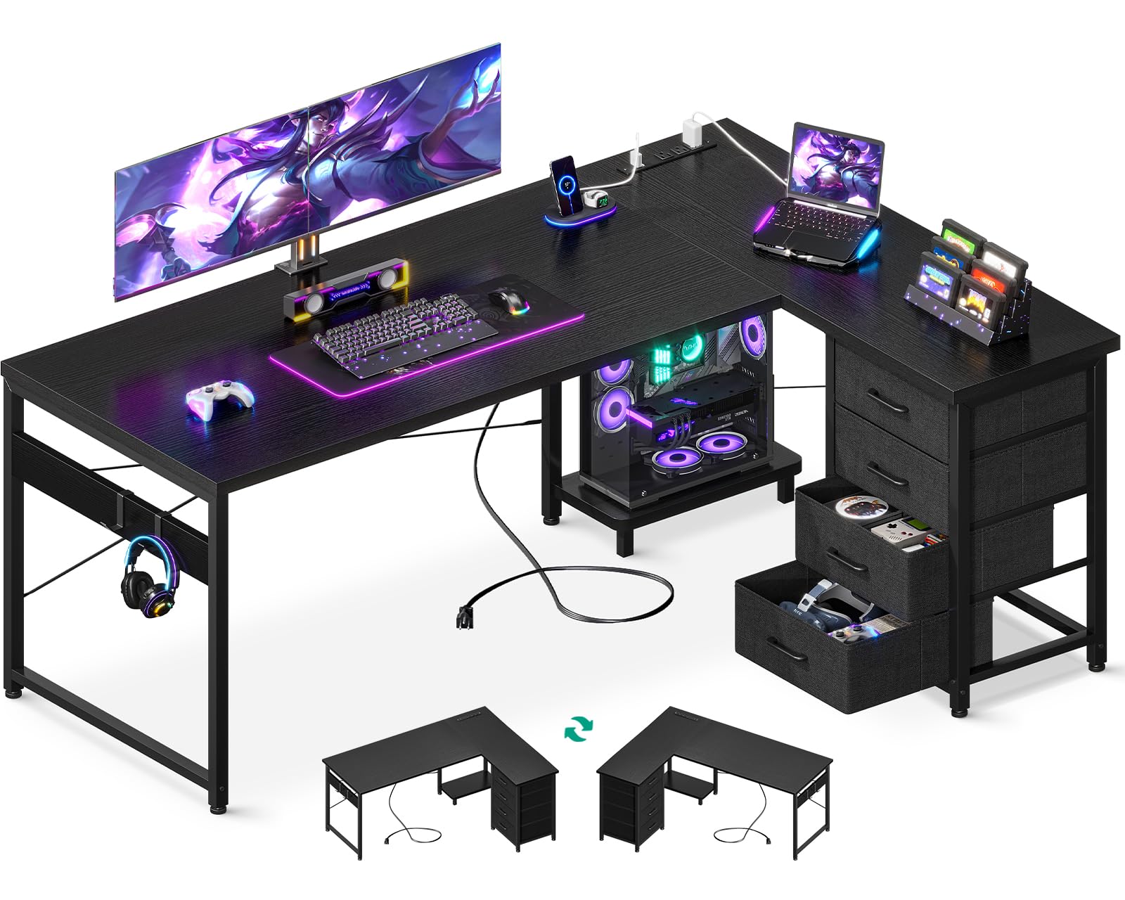 AODK L Shaped Gaming Desk with 4 Drawers, 61" Reversible Home Office Desks with Power Outlets, L Shaped Computer Desk with USB Charging Port and Host Stand, Corner Desk, Easy to Assemble, BlackThe Forest Stewardship Council
