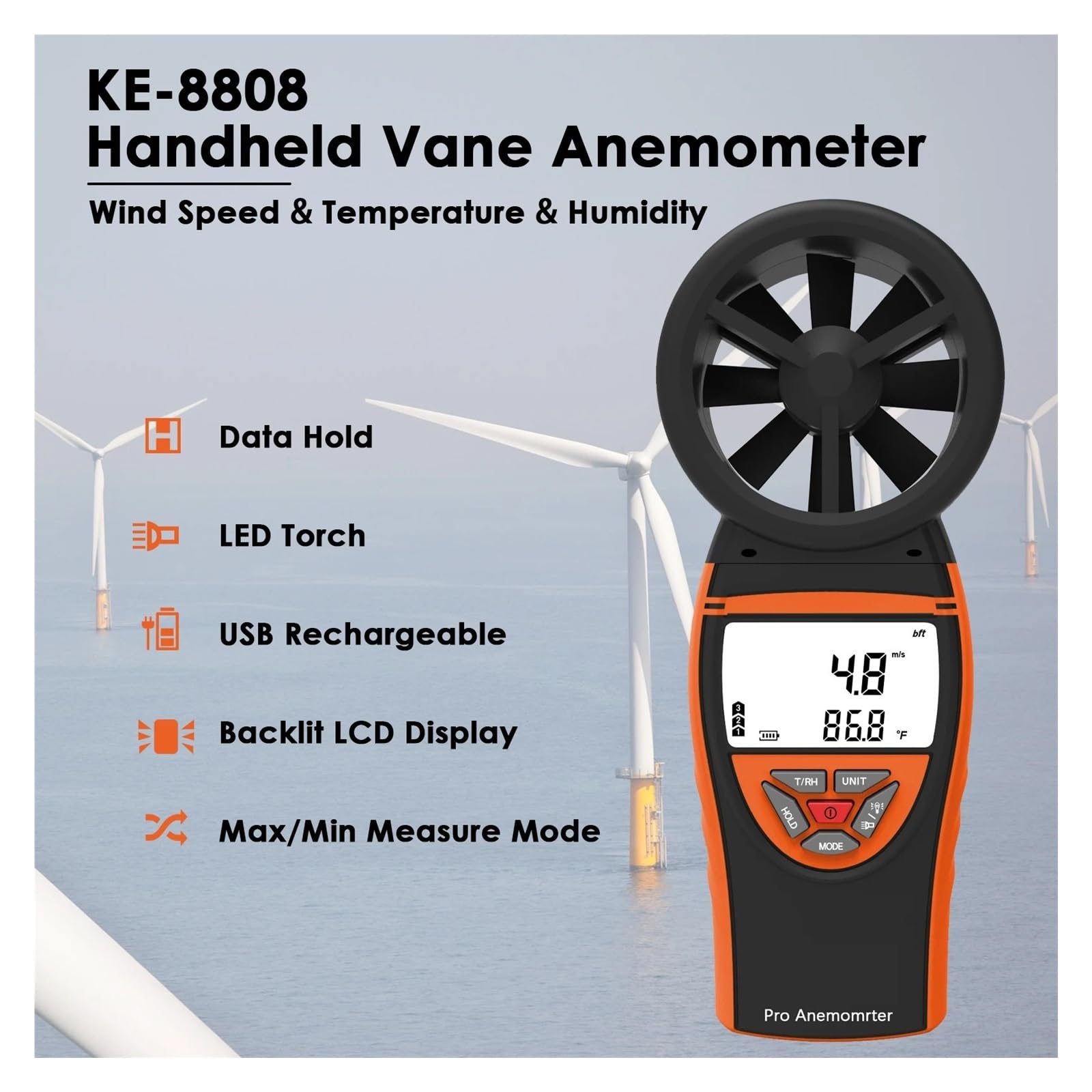 Anemometro portatile for velocità del vento, temperatura, umidità, misuratore di portata d'aria digitale ricaricabile