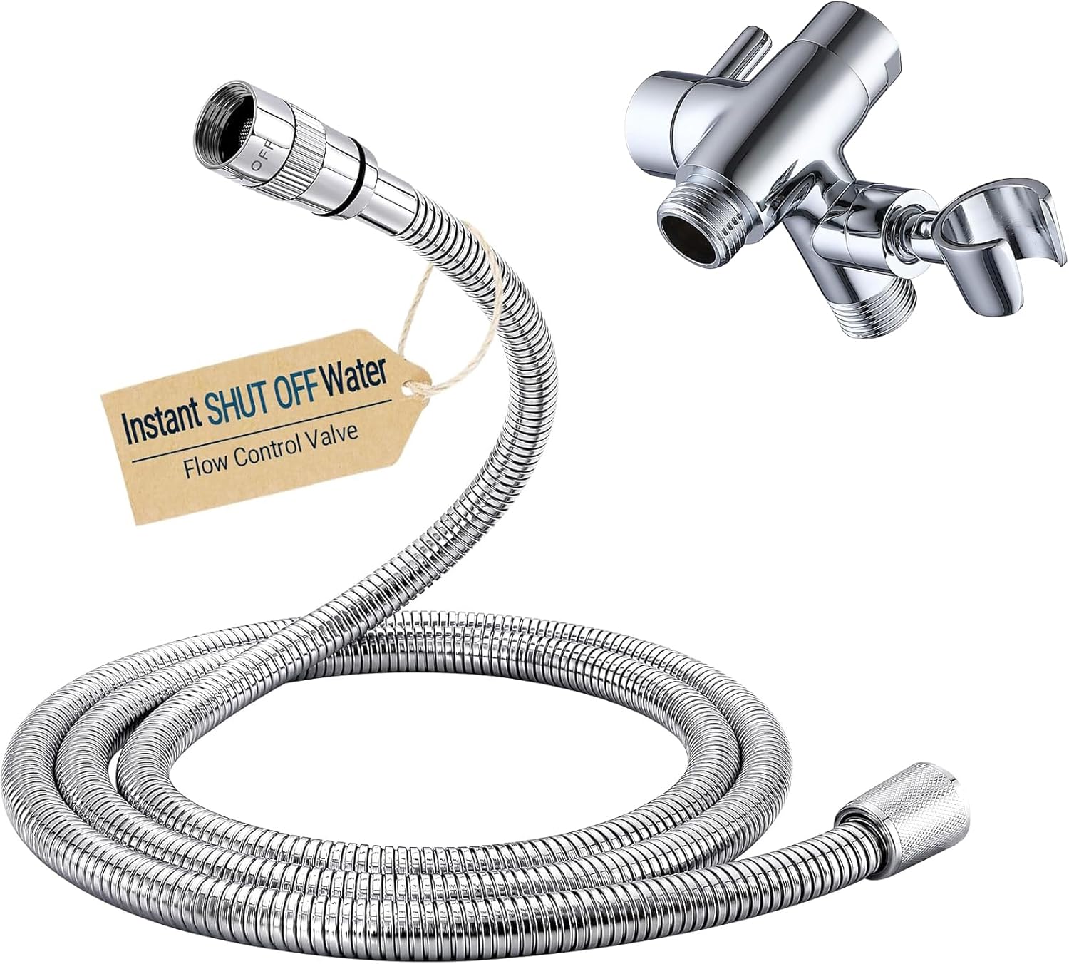 G-Promise Solid Metal Shower Arm Diverter with Holder for Hand Held Showerhead and Fixed Spray Head, Universal Diverter System Replacement Part, 72 Inch Shut-Off Water Long Shower Hose