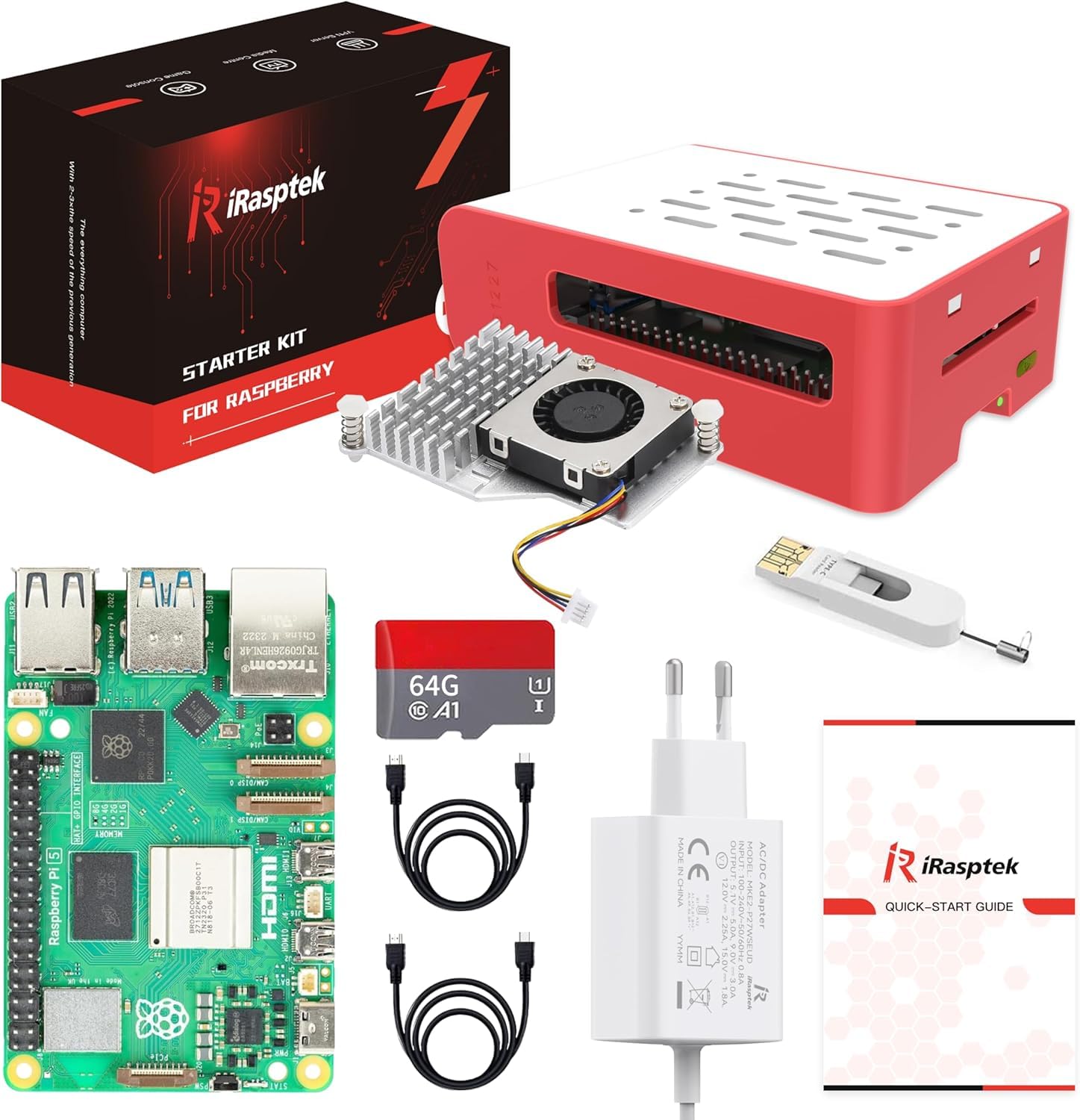 iRasptek Raspberry Pi 5 8GB Starter Kit - 64GB OS-Bookworm Edition Pre-Installed (Red & White Case)