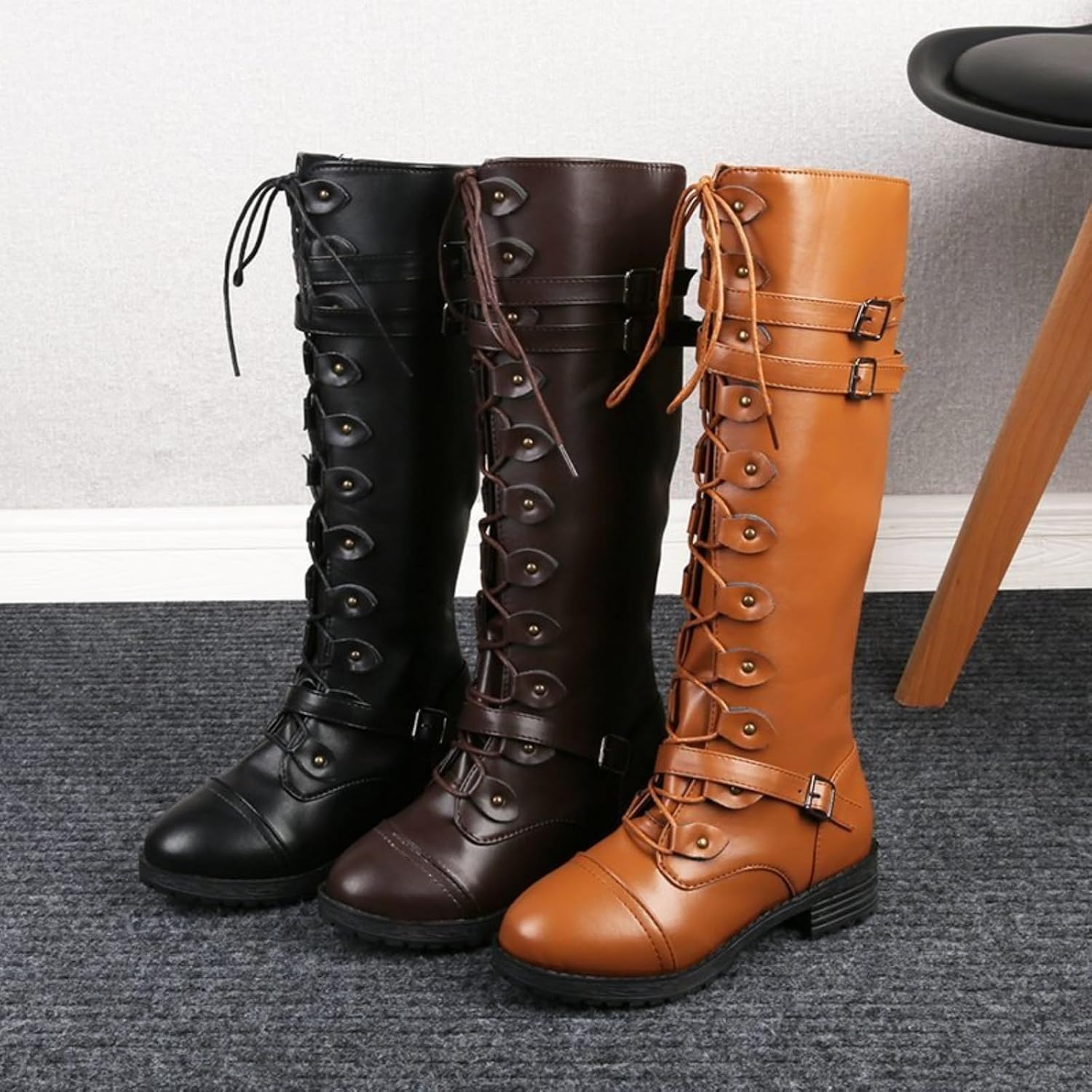 Knee High Boots Women PU Riding Combat Boots Lace Up Lug Sole Gothic Motorcycle Boot with Inside Zipper