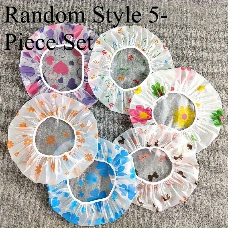 Shower Cap Set, 5 Piece Thickened Elastic Reusable Printed Design, Adjustable Bathroom Accessories image 3