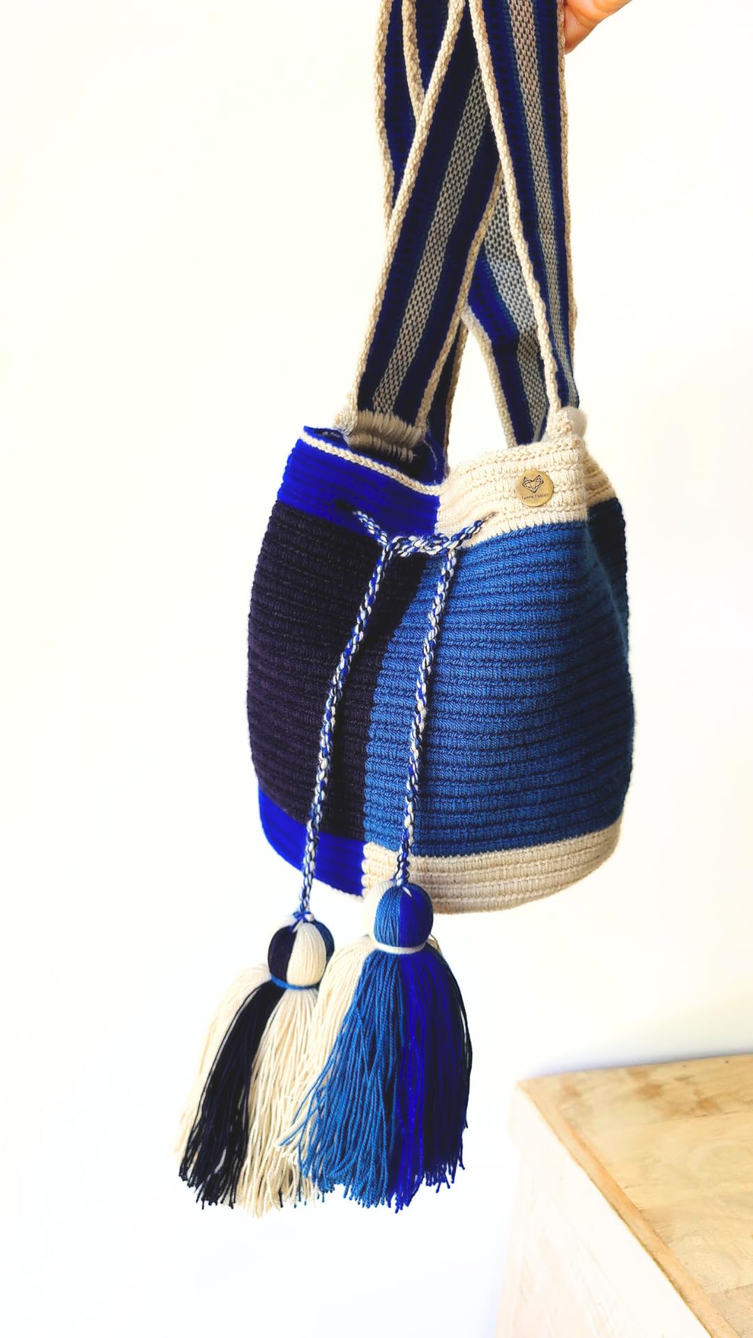 TERRA FUSION Bolso Wayuu hecho a mano | Bolsa Geo Medio | Bolsa Ética | Azul Rey, azul