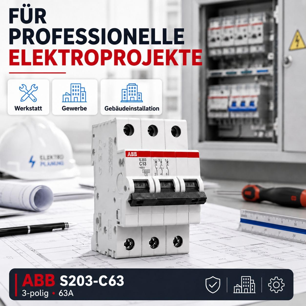 ABB S203-C63 Leitungsschutzschalter 3-polig C63A 6kA Sicherungsautomat Drehstrom LS-Schalter System pro M compact für Verteiler Hutschiene nach DIN EN 60898-1 Art. 2CDS253001R0634