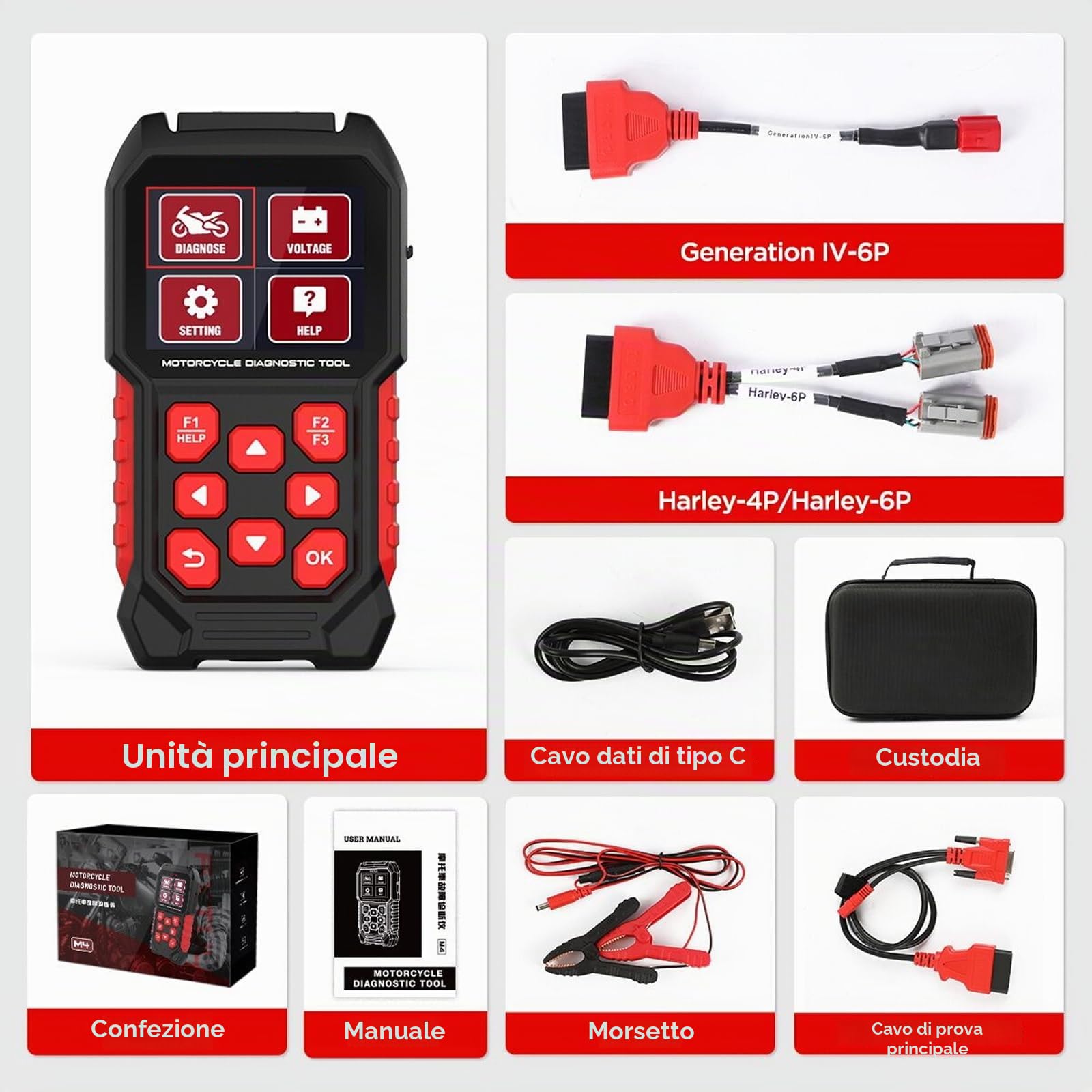 Strumento di diagnostica per moto, strumento di scansione per moto, lettore di codici per moto, strumento di misurazione per diagnostica moto M4 con reset AFV, regolazione giri al minimo, procedura di
