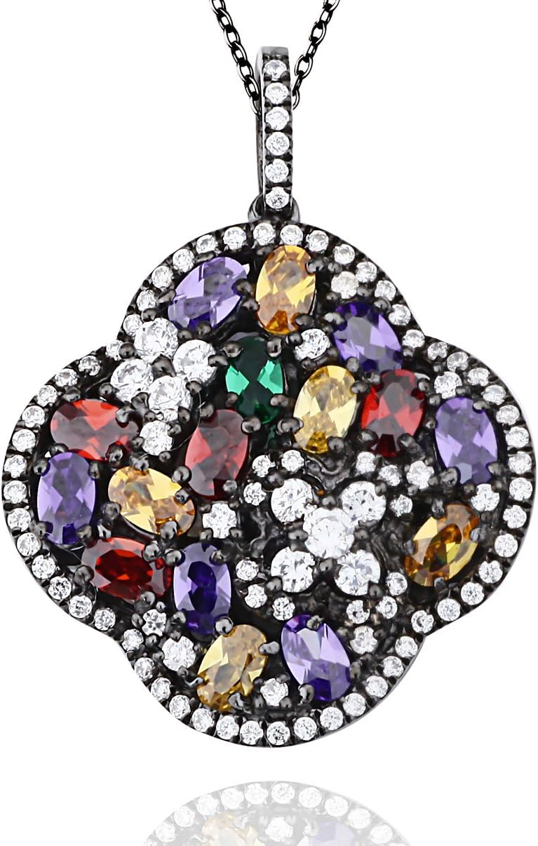 Suzy Levian Fancy Cubic Zirconia Gemstone Cluster Lucky Clover Blackened Sterling Silver Pendant Necklace