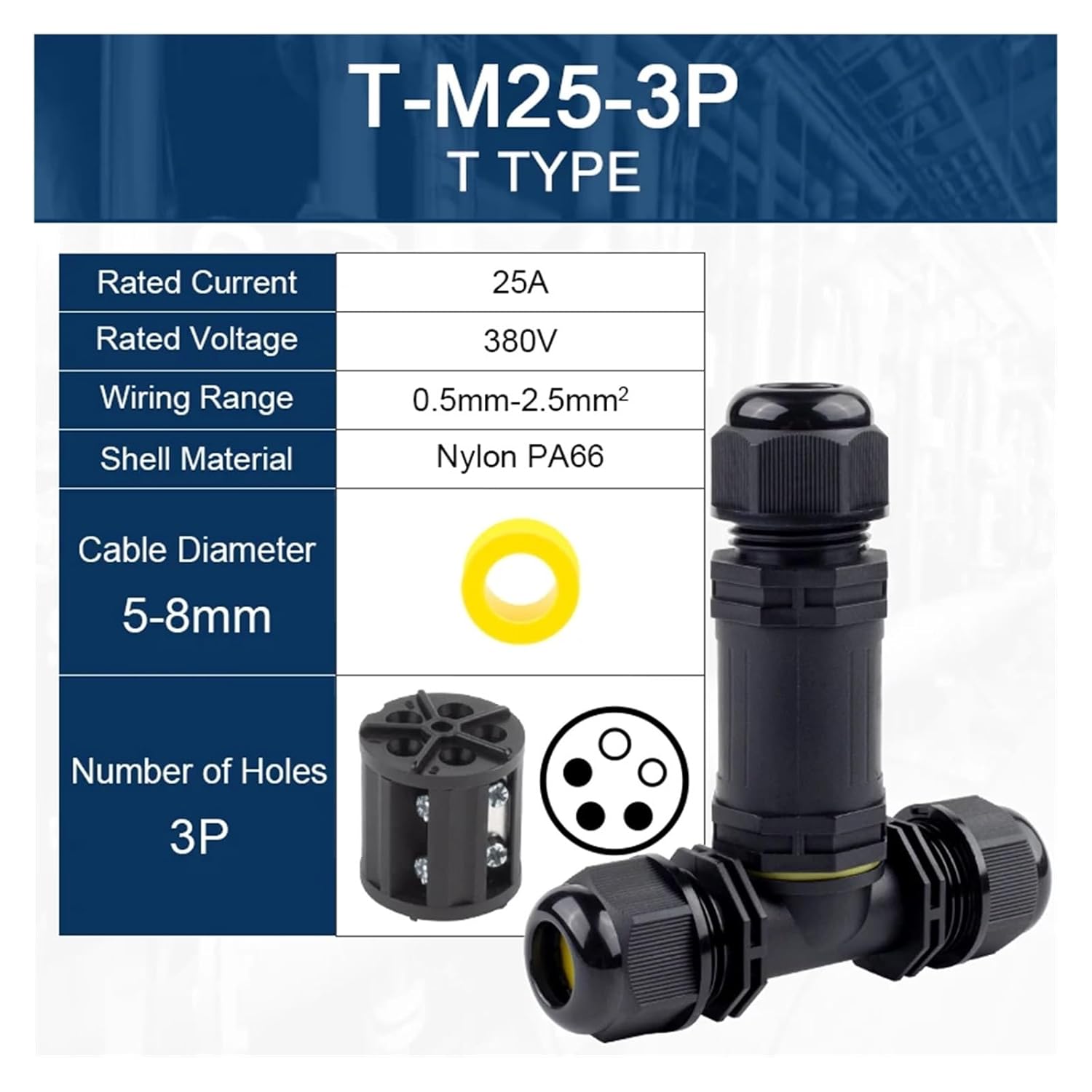 IP68 M25 3 Way T Shape Outdoor Junction Box 2/3/4/5 Pin Screw Splicing Terminal for Led Light Waterproof Wire Connector(M25T-3Pin(5-8mm))