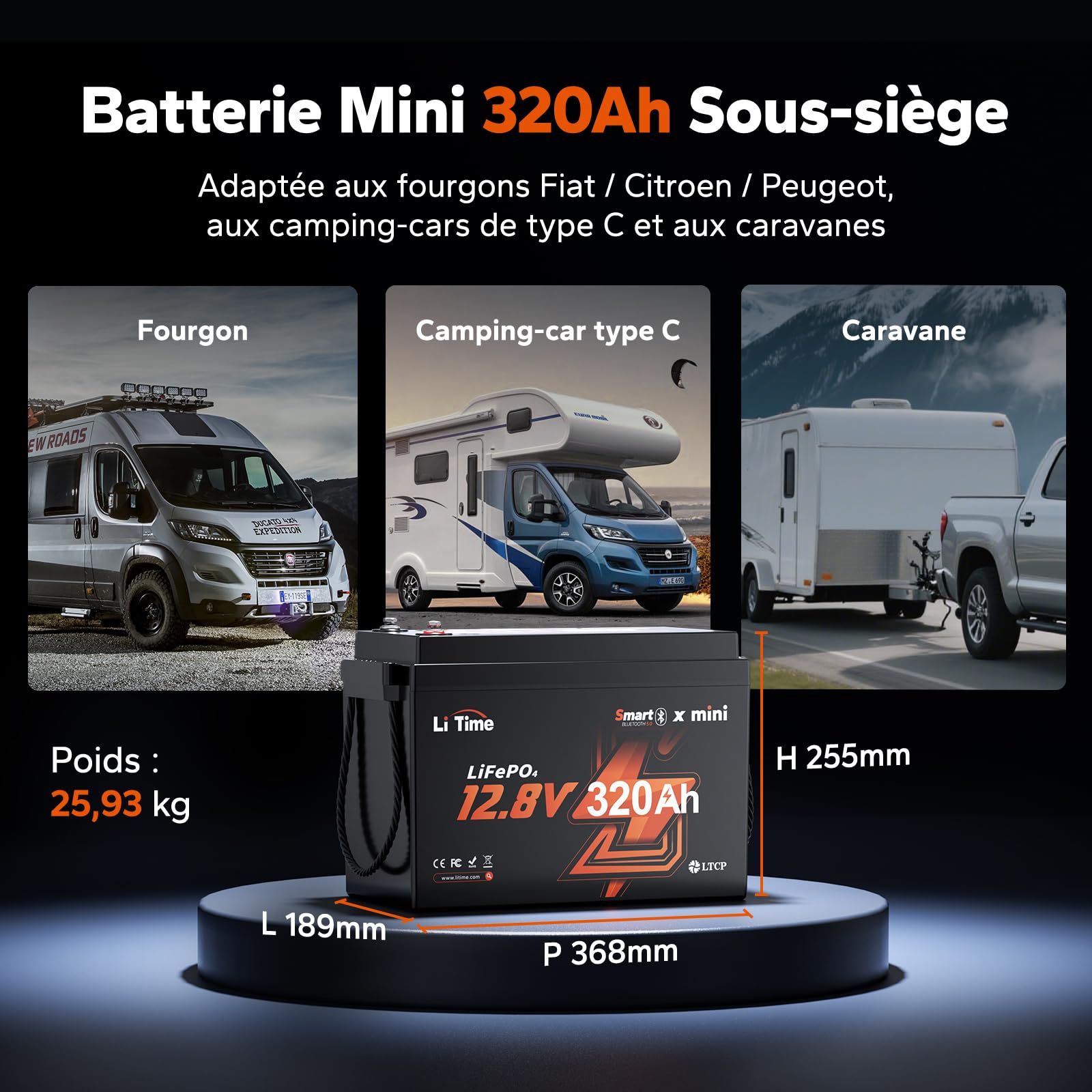 LiTime Batterie Lithium 12V 320Ah Mini Bluetooth pour Camping-Cars (2 Pcs)