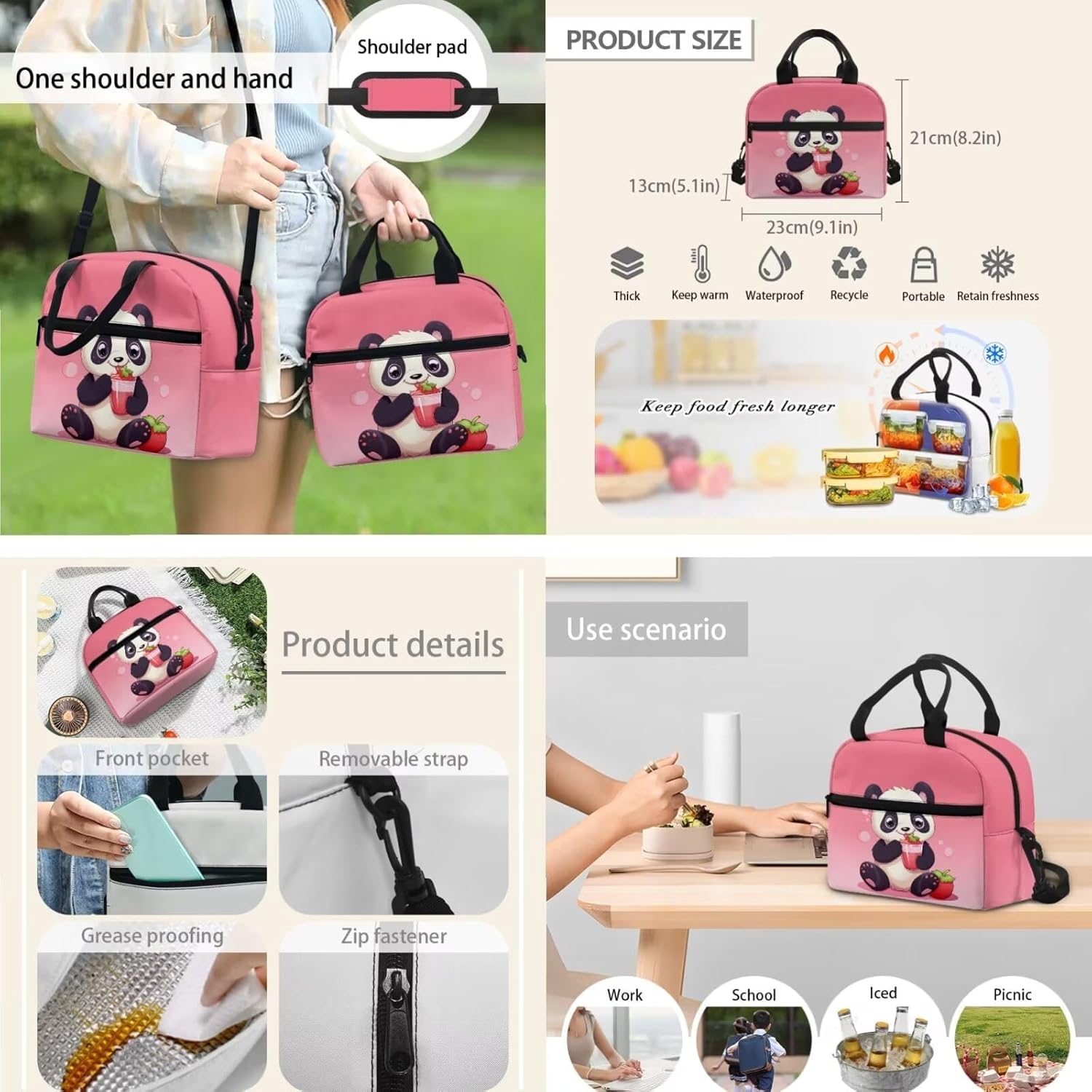 Panda Backpack for Boys Girls 3Pcs School Backpack Set 17inch Backpack with Lunch Bag Pencil Case Cute Bookbag for Kids Age 5-7 Kindergarten