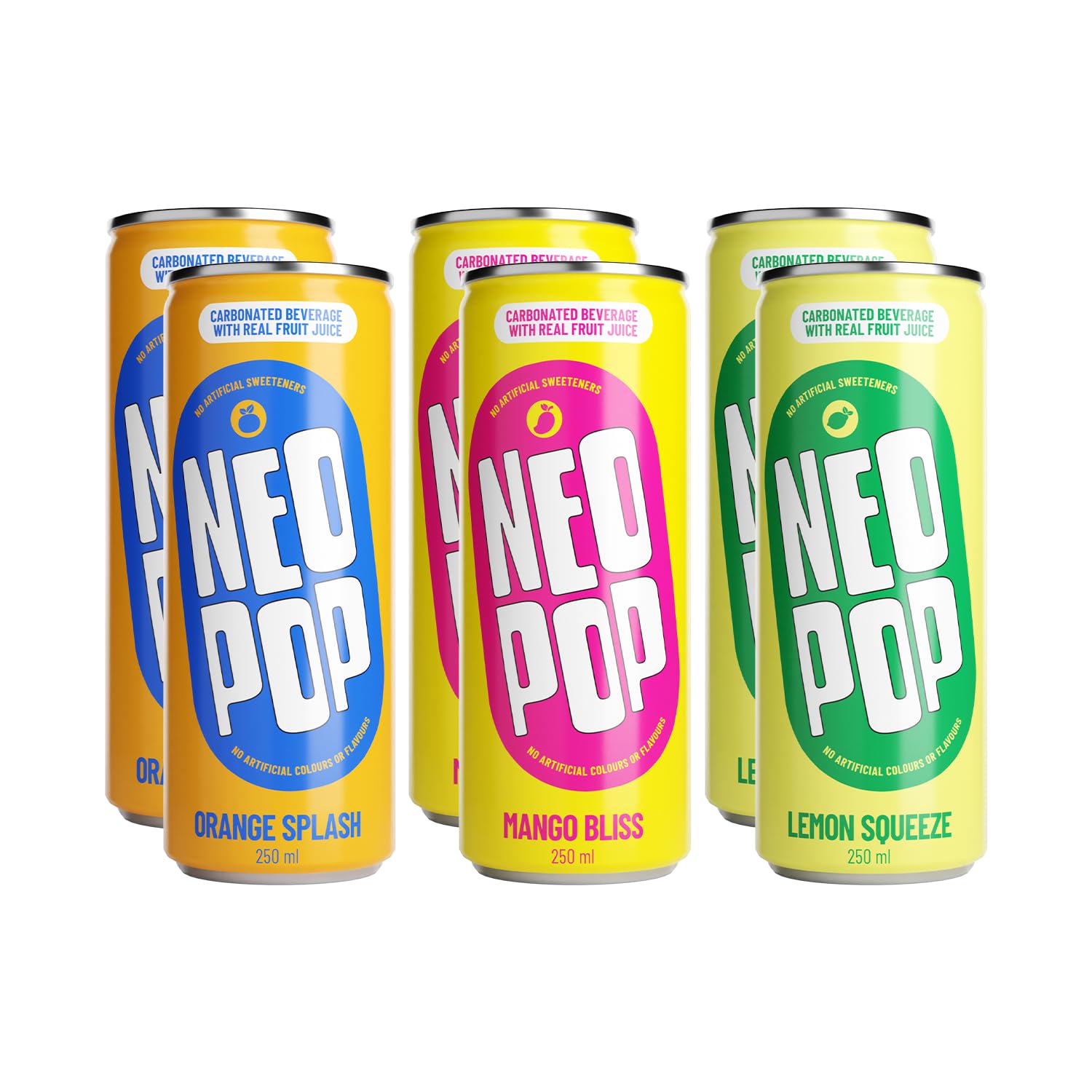 NEOPOP Variety Pack - Lemon, Orange & Mango Soda | 250 ml x 6 cans | Made with real fruit juice | No artificial colours, flavours | Refreshing soft drink with fizz | Sampler Pack