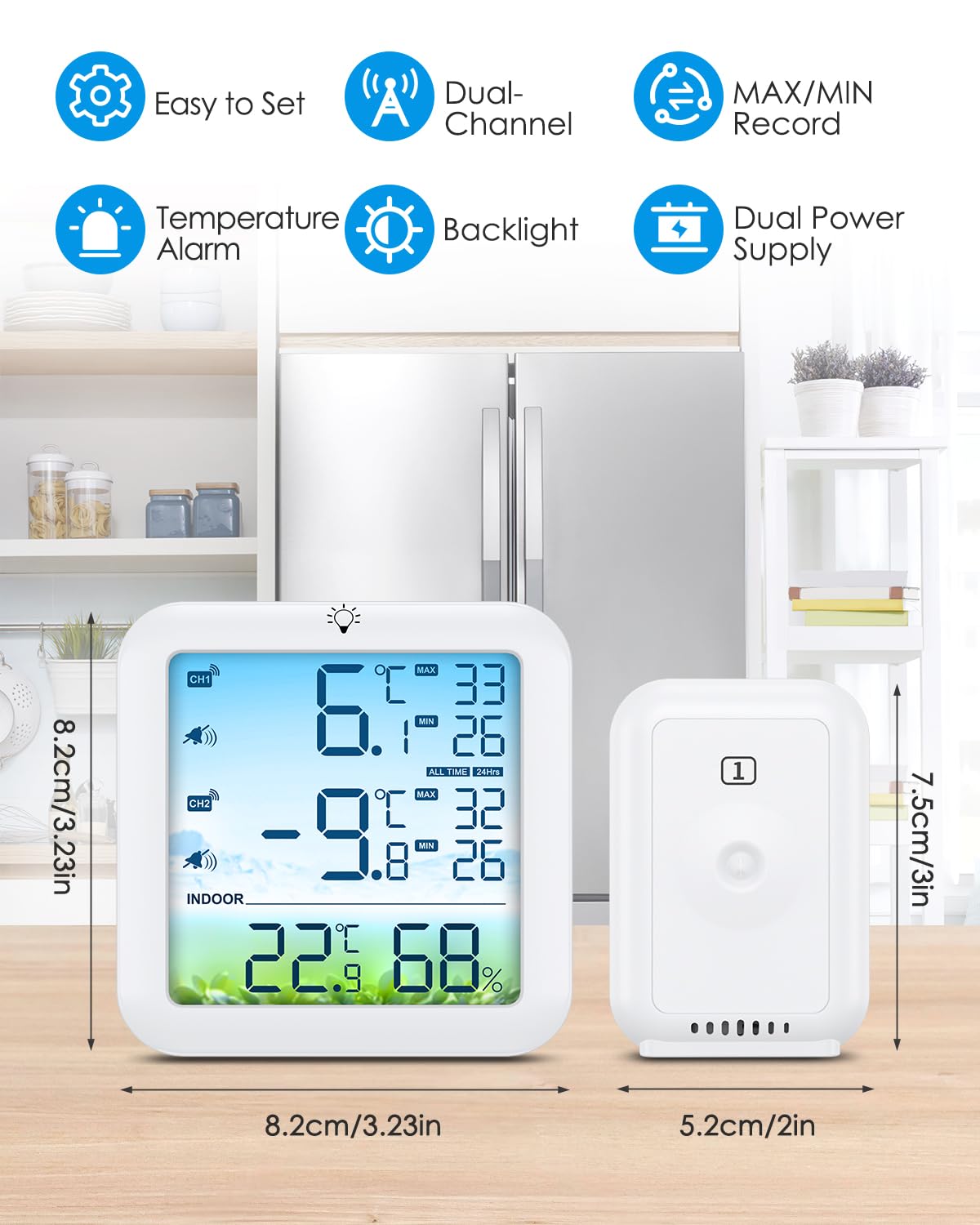 The Brifit main display unit and a single wireless remote sensor, showing their dimensions. The main unit is approximately 8.2cm by 8.2cm, and the sensor is 5.2cm by 7.5cm. Icons above indicate easy setup, dual-channel, MAX/MIN record, temperature alarm, backlight, and dual power supply.