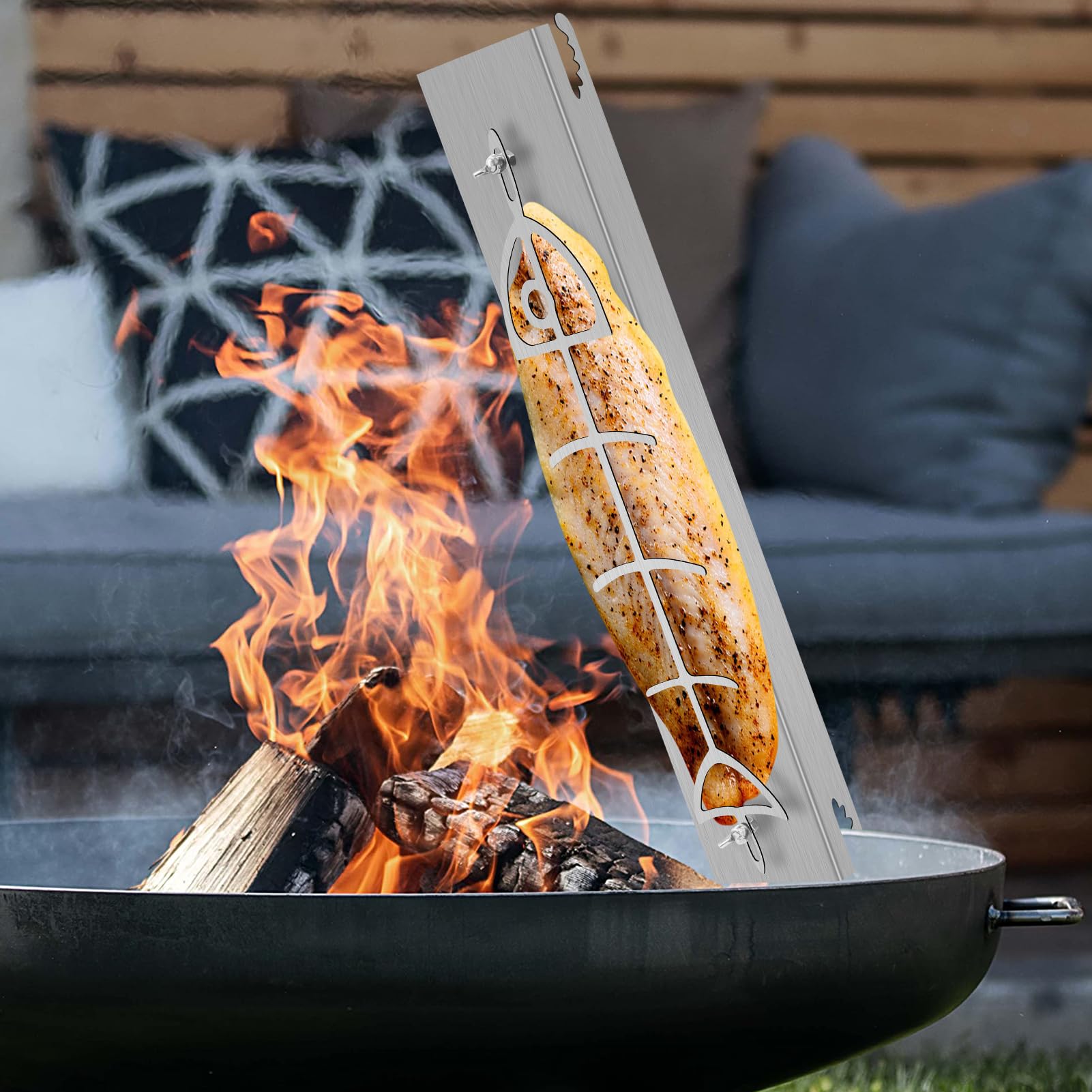 Tagliere per salmone alla fiamma in acciaio inox per braciere e barbecue a sfera, braciere da fuoco, bracieri | Tagliere per salmone alla fiamma con supporto, funzione di rotazione a 180°