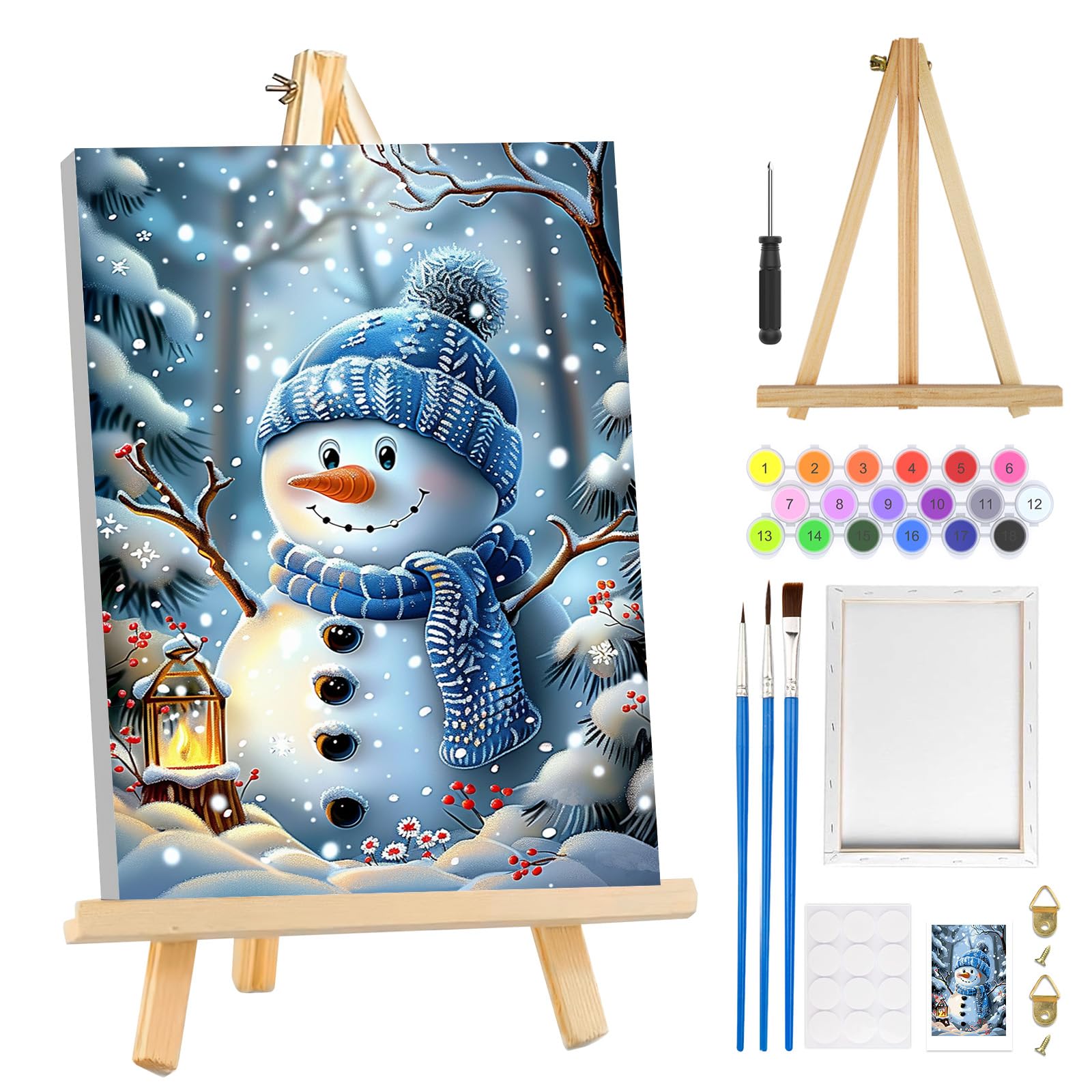 MOGTAA Pintura Por Números Navidad Con Marco Y Caballete – Kit De Muñeco De Nieve Sobre Lienzo De 20x30 Cm, Pintura Acrílica Para Principiantes