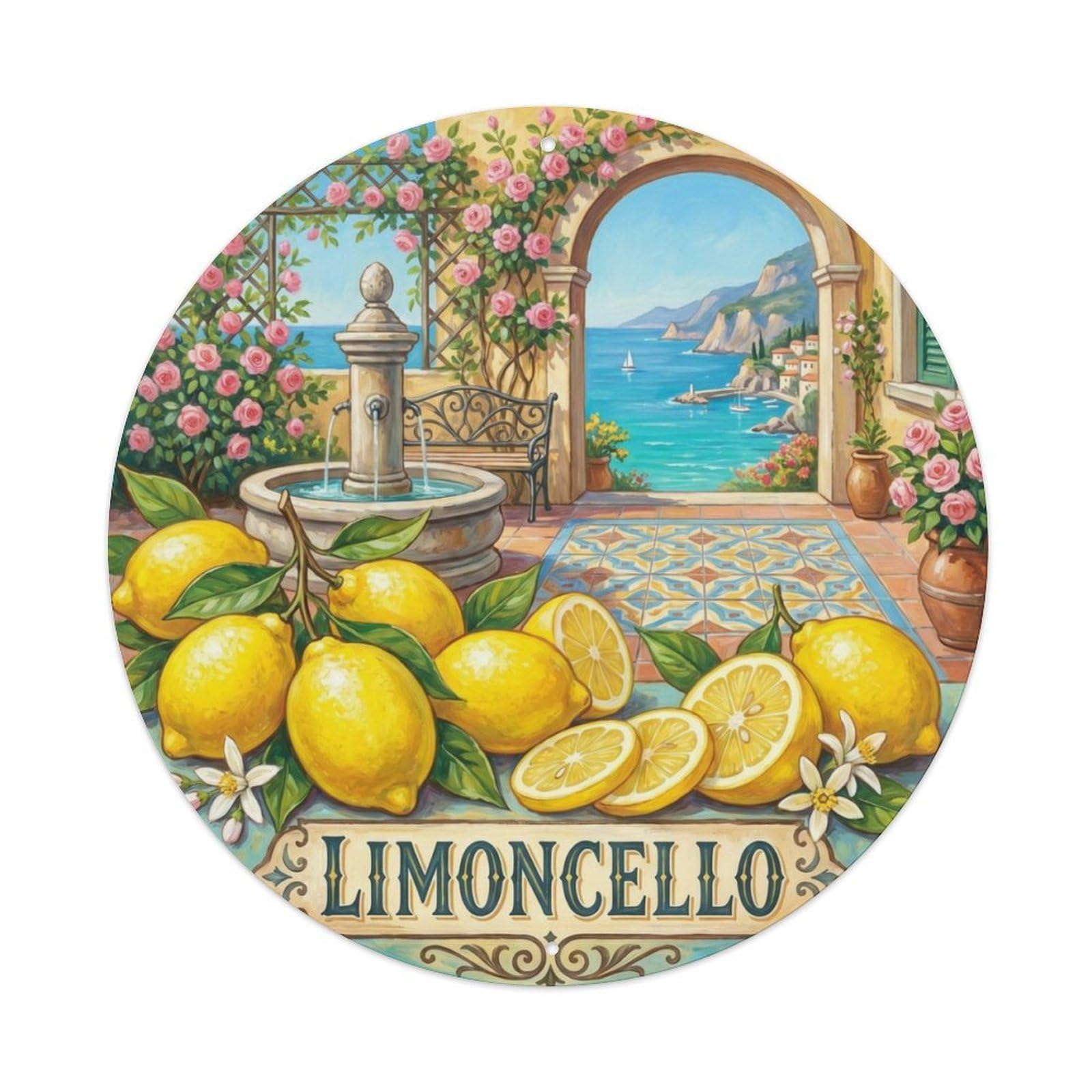 Fqcyn Style Fresh Limoncello Garden Metal Tin Sign Plaque Wall Decor For Cafe, Club Bar, Office, Home Garden Round Metal Poster 8X8inch