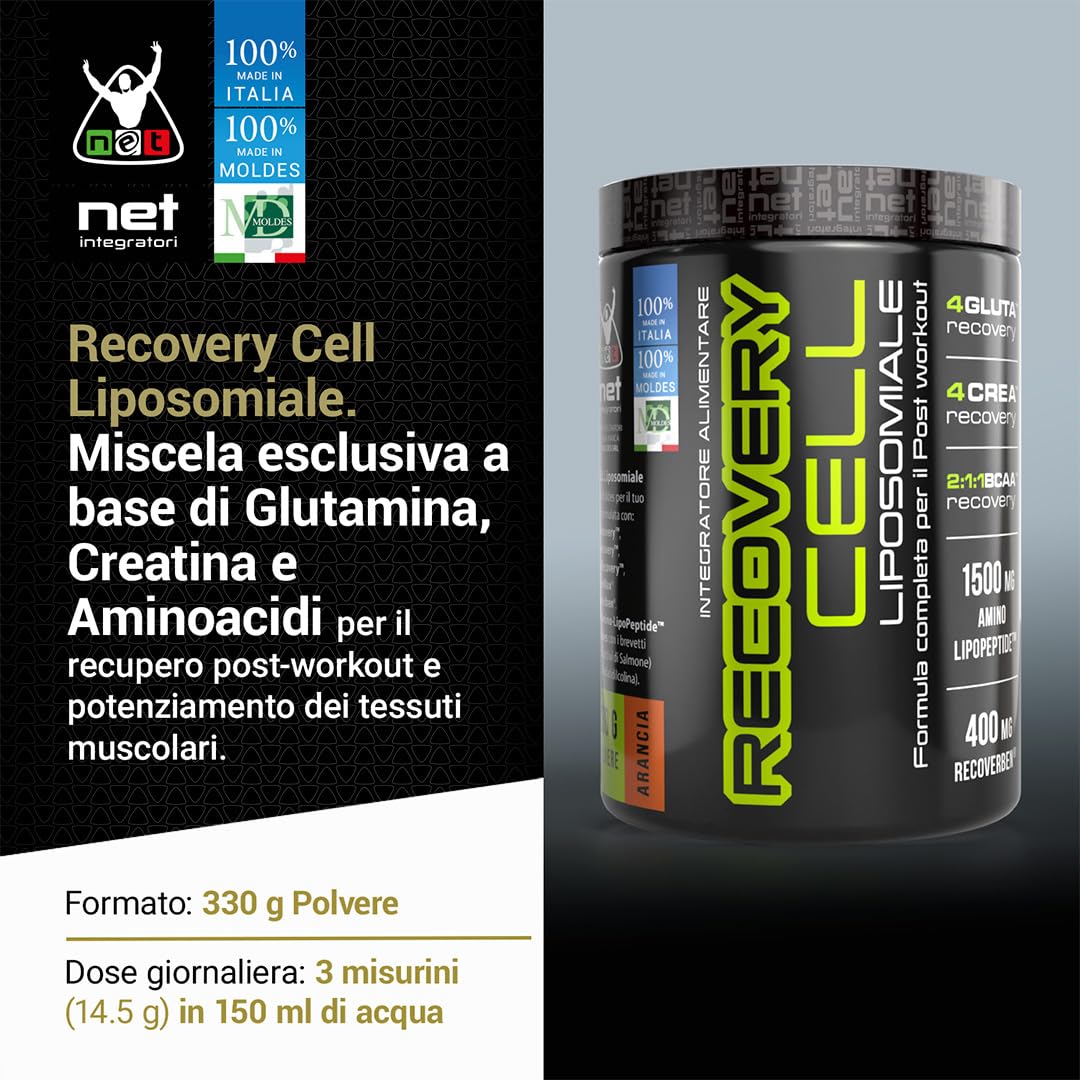 Net Integratori RECOVERY CELL LIPOSOMIALE – 330 g Gusto Arancia – Integratore Post Workout Avanzato per Recupero Muscolare e Sintesi Proteica con Glutamina Creatina BCAA in forma Liposomiale