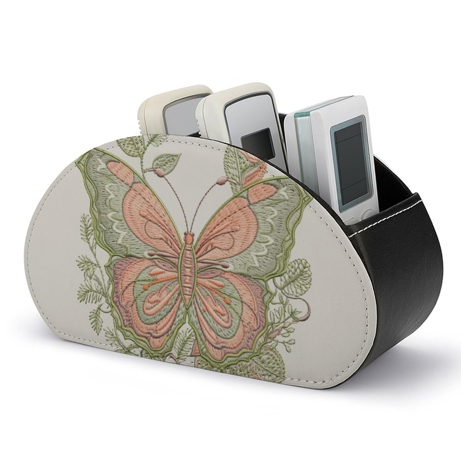 NTVOWPZO Leaf Butterfly Remote Control Holder with 5 Compartment Organizer Box, Leather TV Remote Holder Organizer Caddy for Table, PU Leather Remote Box for Nightstand Office Desk Storage Box