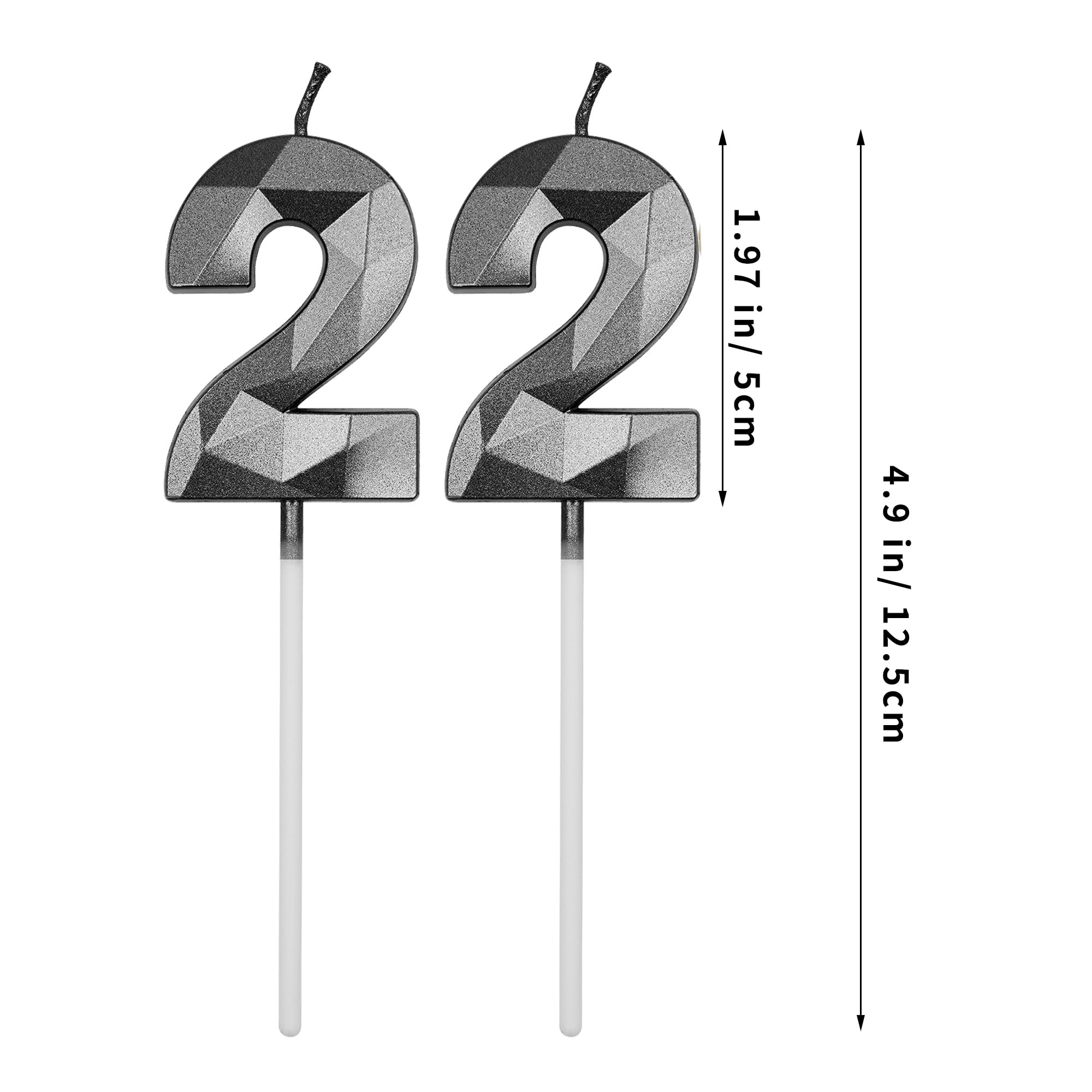 22nd Birthday Candles for Cake, Black Number 22 3D Diamond Shaped Candle Birthday Decorations Party Supplies for Girls, Boys, Women or Men