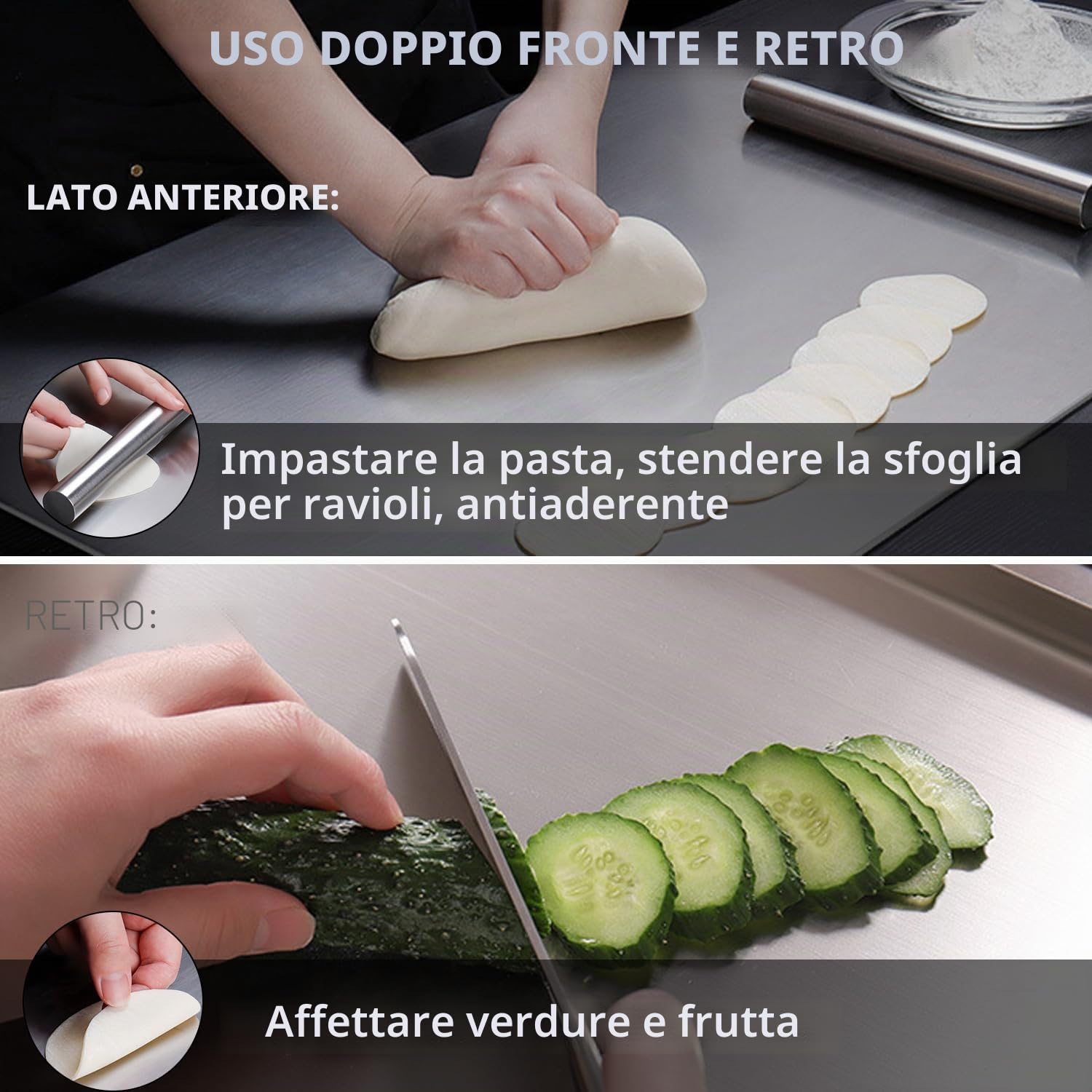 Tagliere Acciaio Inox 40x50 cm, Tagliere Antiscivolo con Bordi Tagliere - Antiscivolo, Antibatterico e Facile da Pulire, Spianatoia Acciaio Inox per Carne, Verdure, Pane, Prodotti da Forno