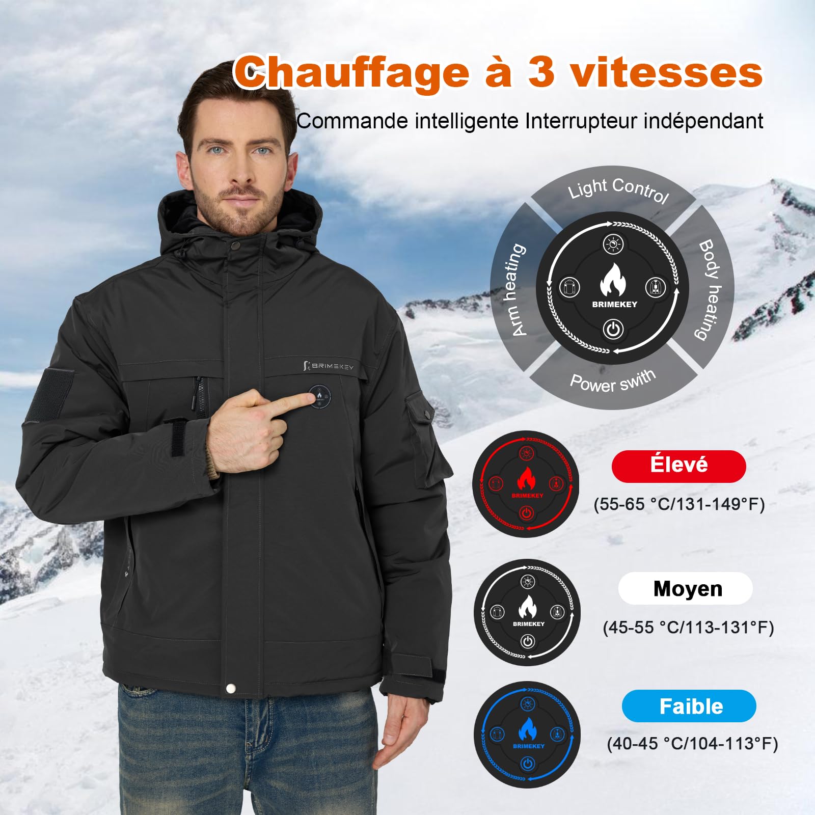 Graphène Veste Chauffante Homme avec Doublure Polaire, Batterie HD 20000mAh 7.4V, 6 Zones de Chauffe et 3 Températures, Blouson Chauffant Homme d'hiver Imperméable et Coupe-vent pour Ski